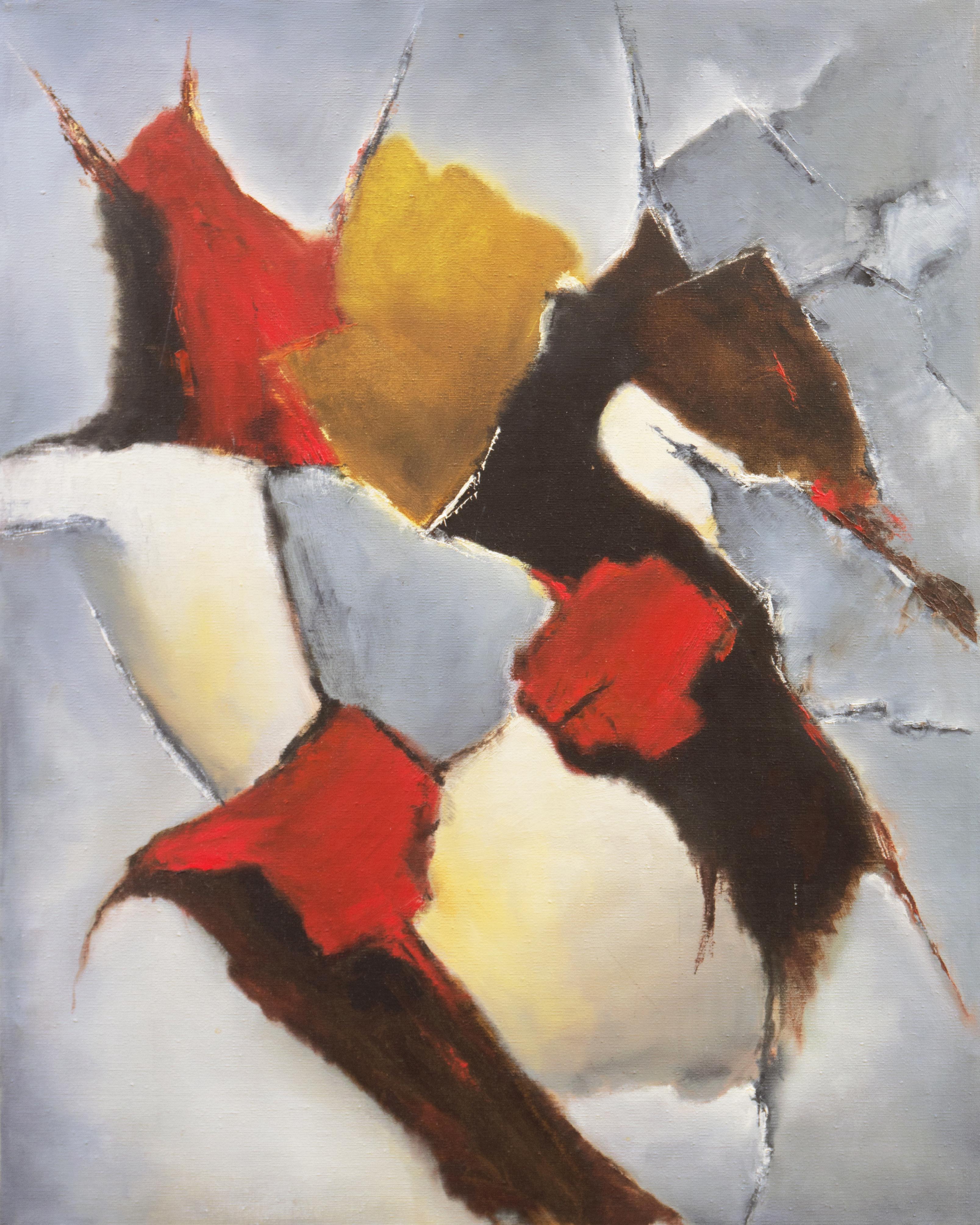 Abstract Painting di Janice Haefner - 'Tramonto astratto in scarlatto e ocra', Artista donna, olio modernista californiano