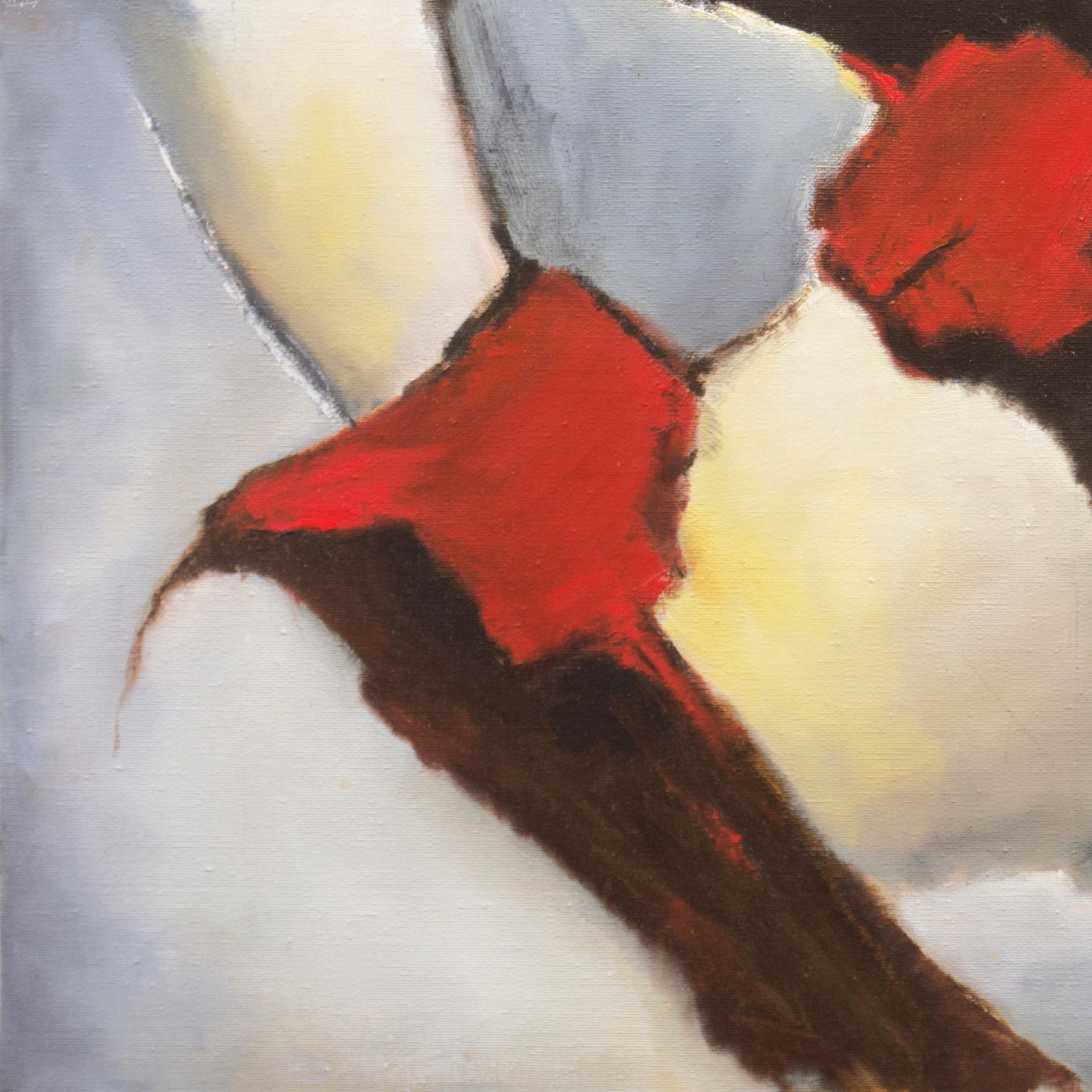 'Tramonto astratto in scarlatto e ocra', Artista donna, olio modernista californiano - Abstract Painting Grigio di Janice Haefner