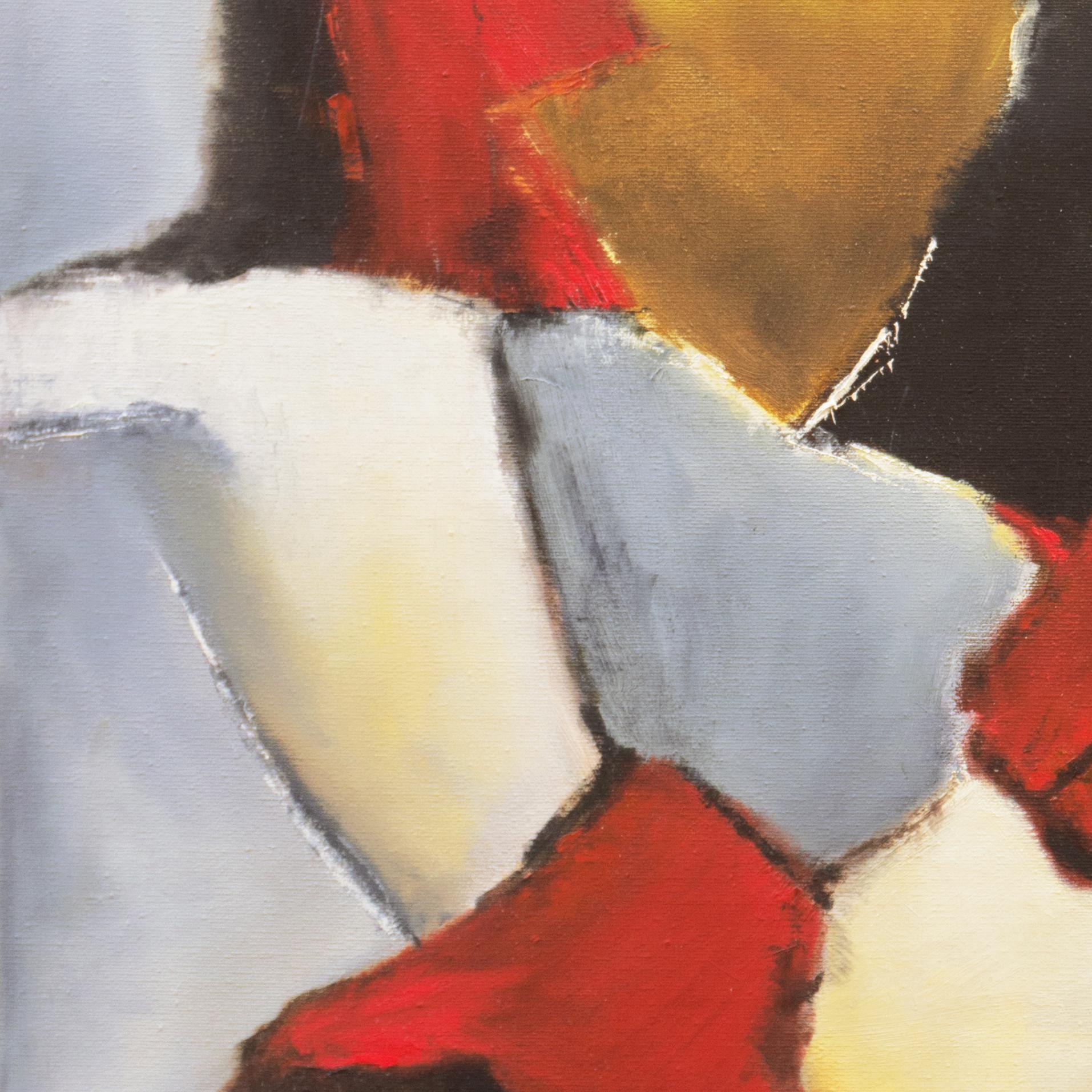 Certificazione di autenticità timbrata sul retro per Janice Haefner (americana, 1919-2002) e dipinta nel 1965 circa.

Un consistente olio astratto di metà secolo che comprende aree adiacenti e sovrapposte di colori primari e secondari, evocativi di