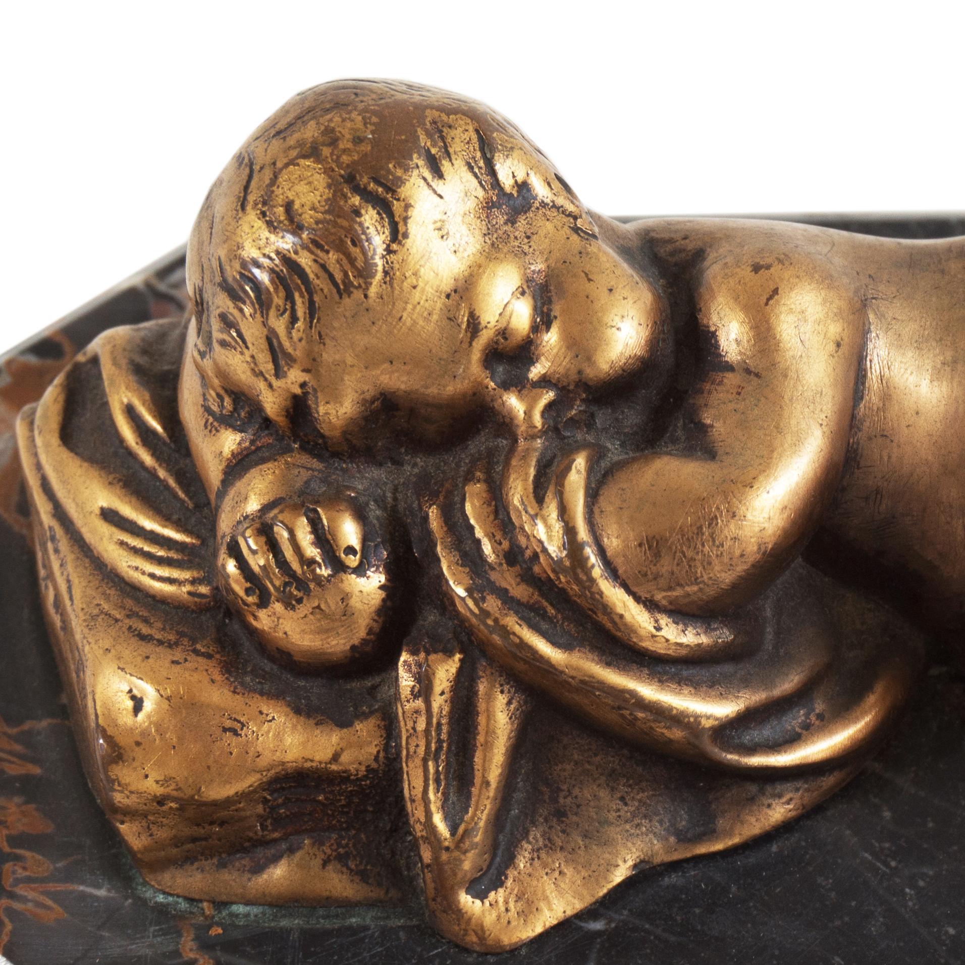 'Sleeping Cherub' Small Beaux Arts gilt-bronze sculpture on Portoro Marble Base 1