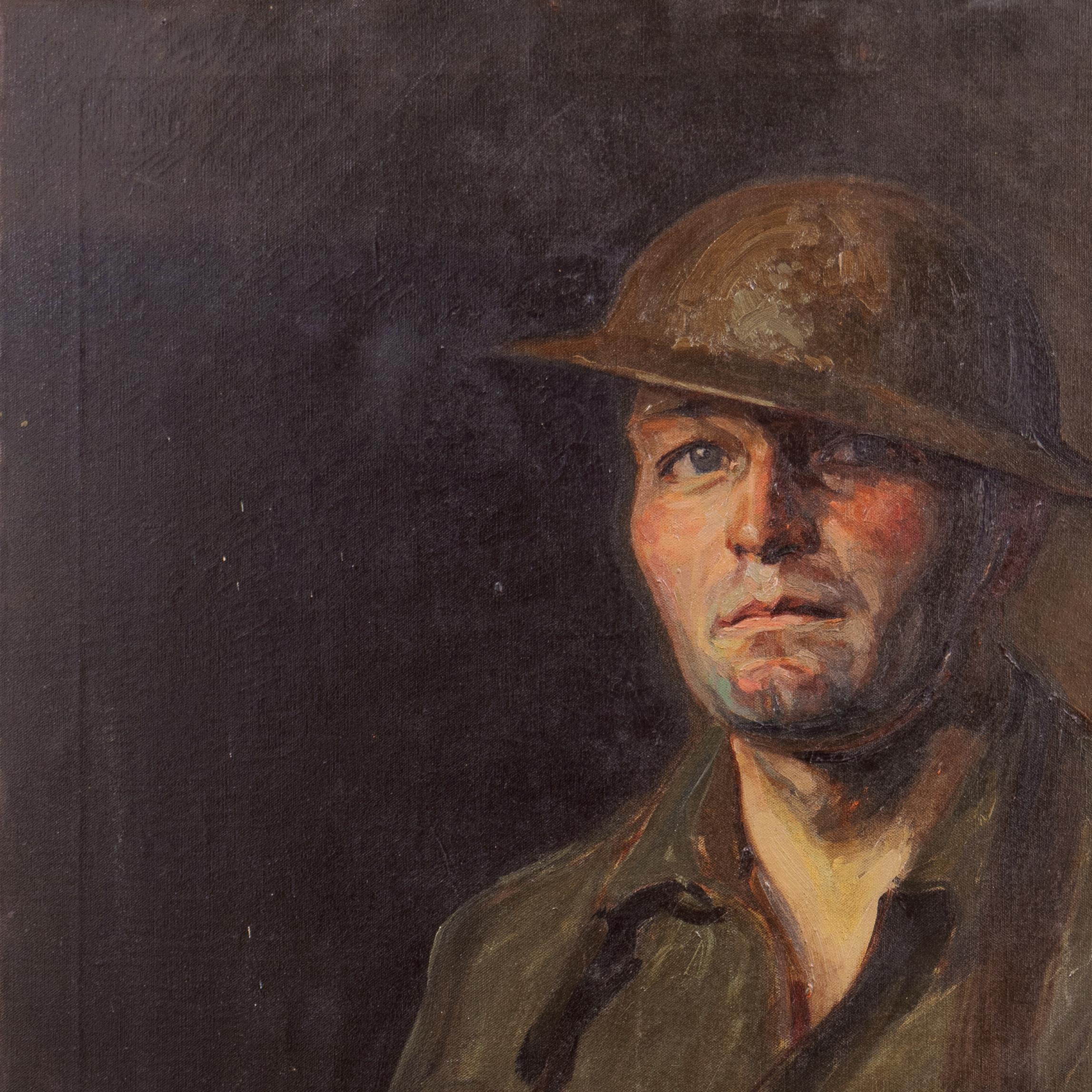 A substantial, English school portrait of a young World War One soldier painted circa 1915.

An exceptional figural work composed in a somber palette with intuitive brushwork. The unknown artist accomplishes a tour-de-force of portraiture and and