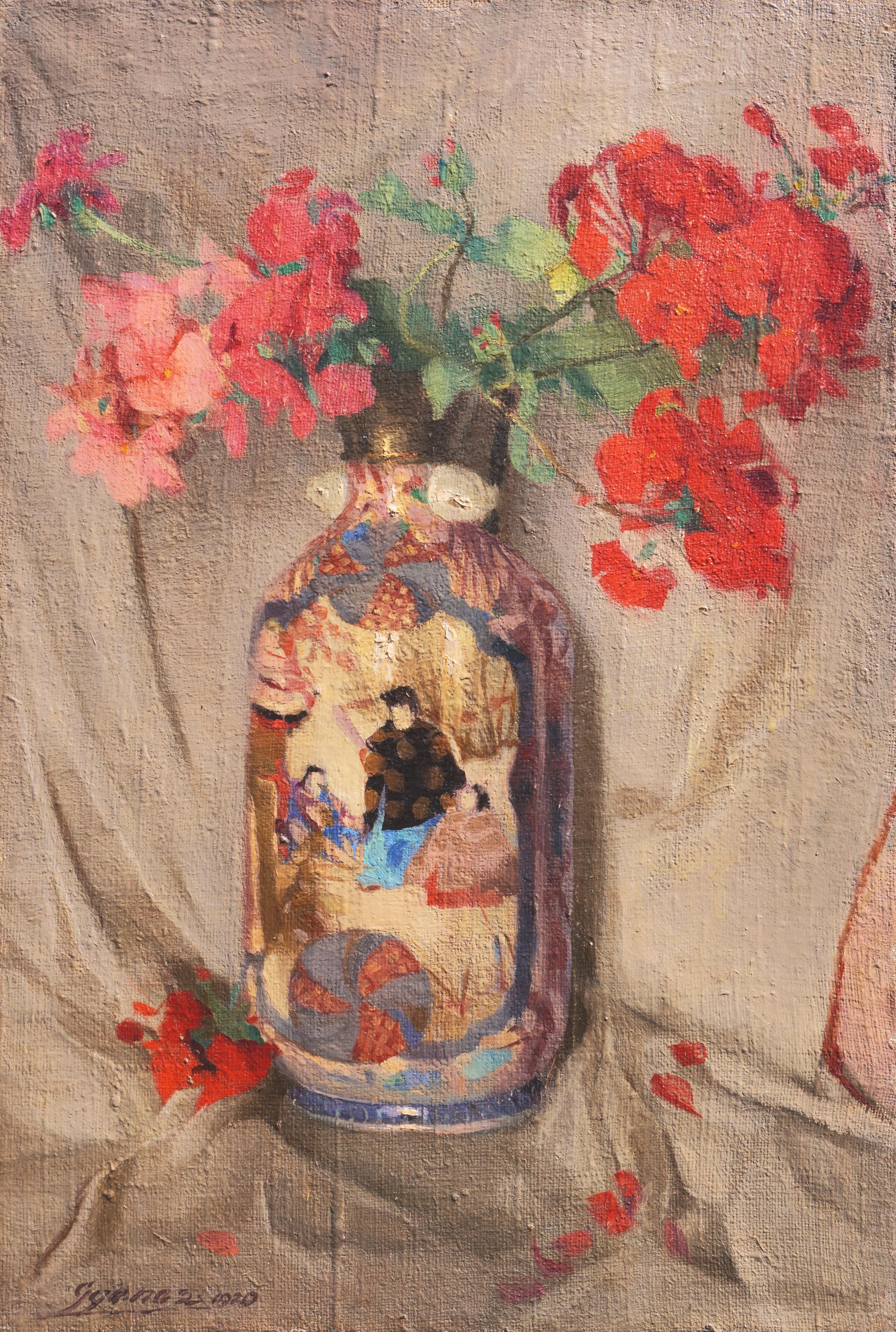 Gyenes Lajos Still-Life Painting - 'Geraniums in a Satsuma Vase', Japanese Ceramics, Hungarian oil still life