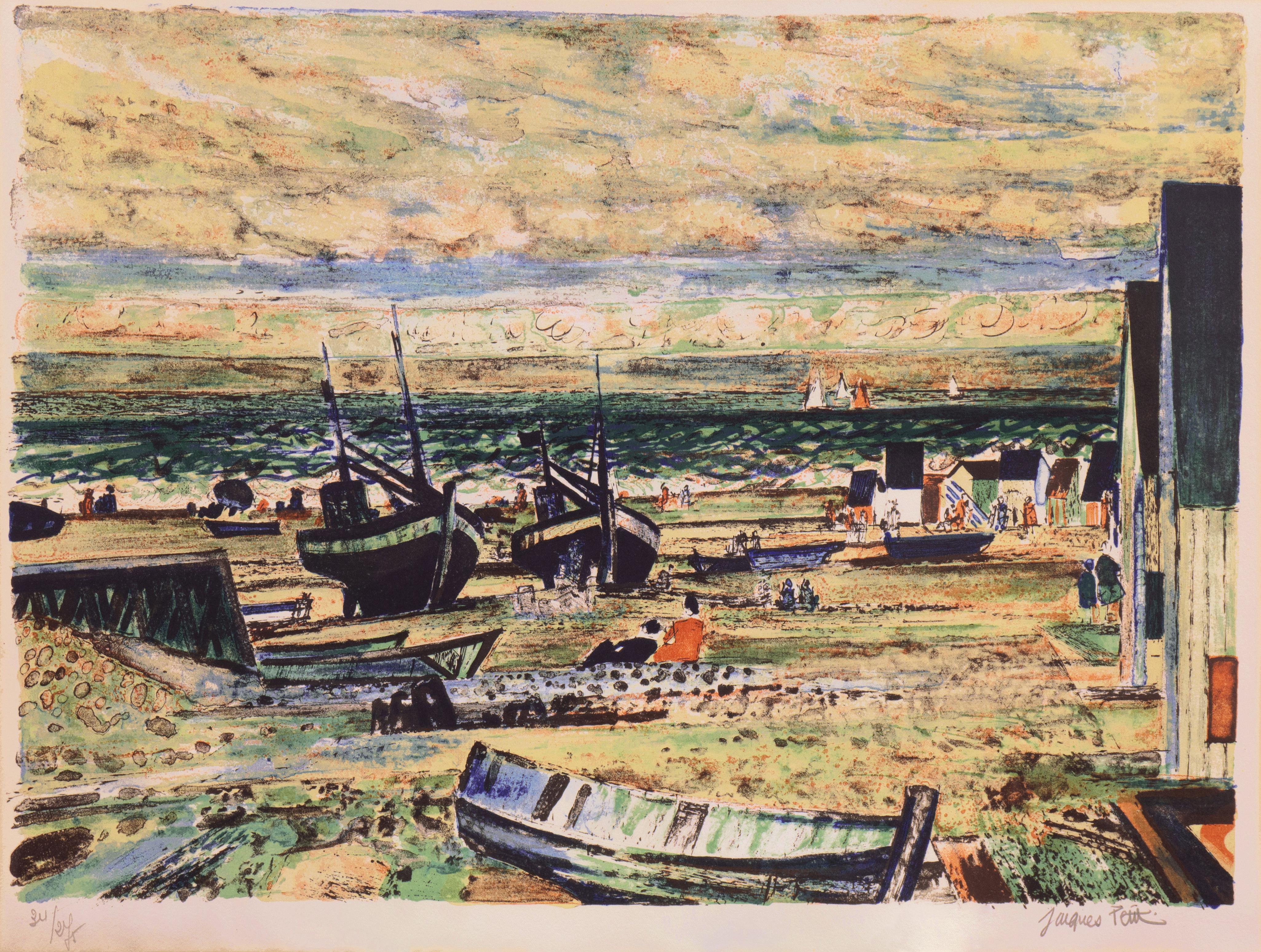'Barche da pesca sulla costa atlantica', Scuola di Parigi, Post Impressionismo - Print di Jacques Petit