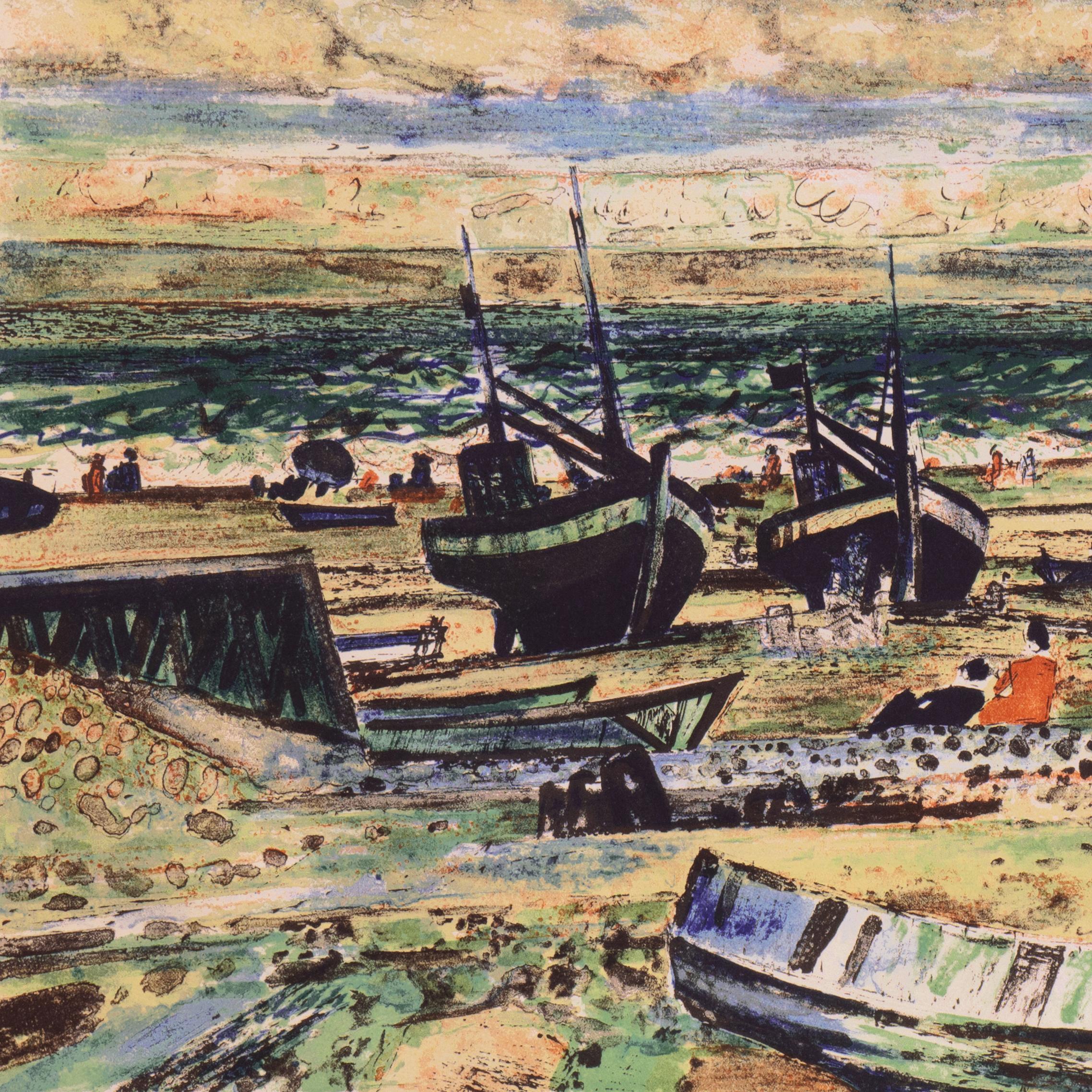 'Fishing Boats on the Atlantic Coast', School of Paris, Post Impressionism - Brown Landscape Print by Jacques Petit