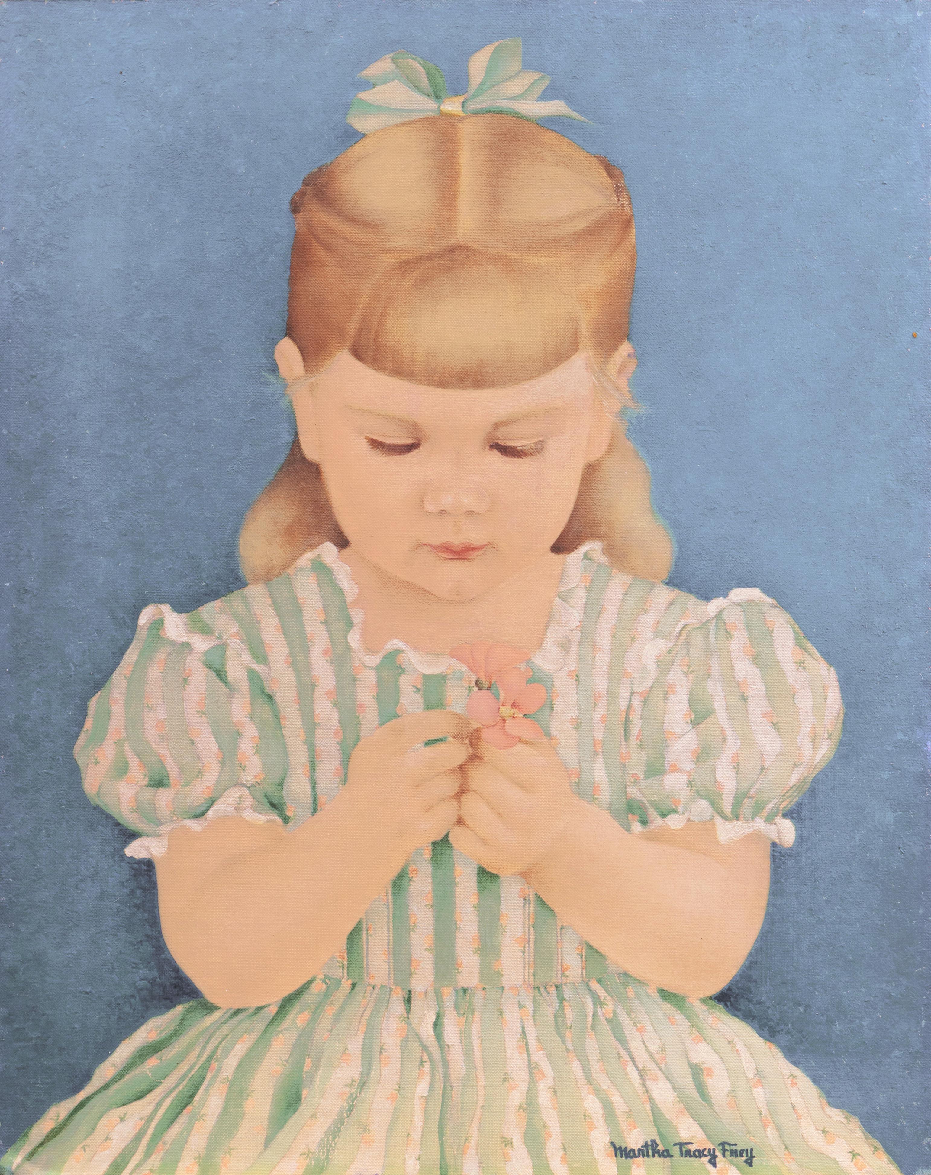 Portrait Painting de Martha Tracy Frey - Me quiere, no me quiere', Niña con vestido de guinga, años 40, Arte popular