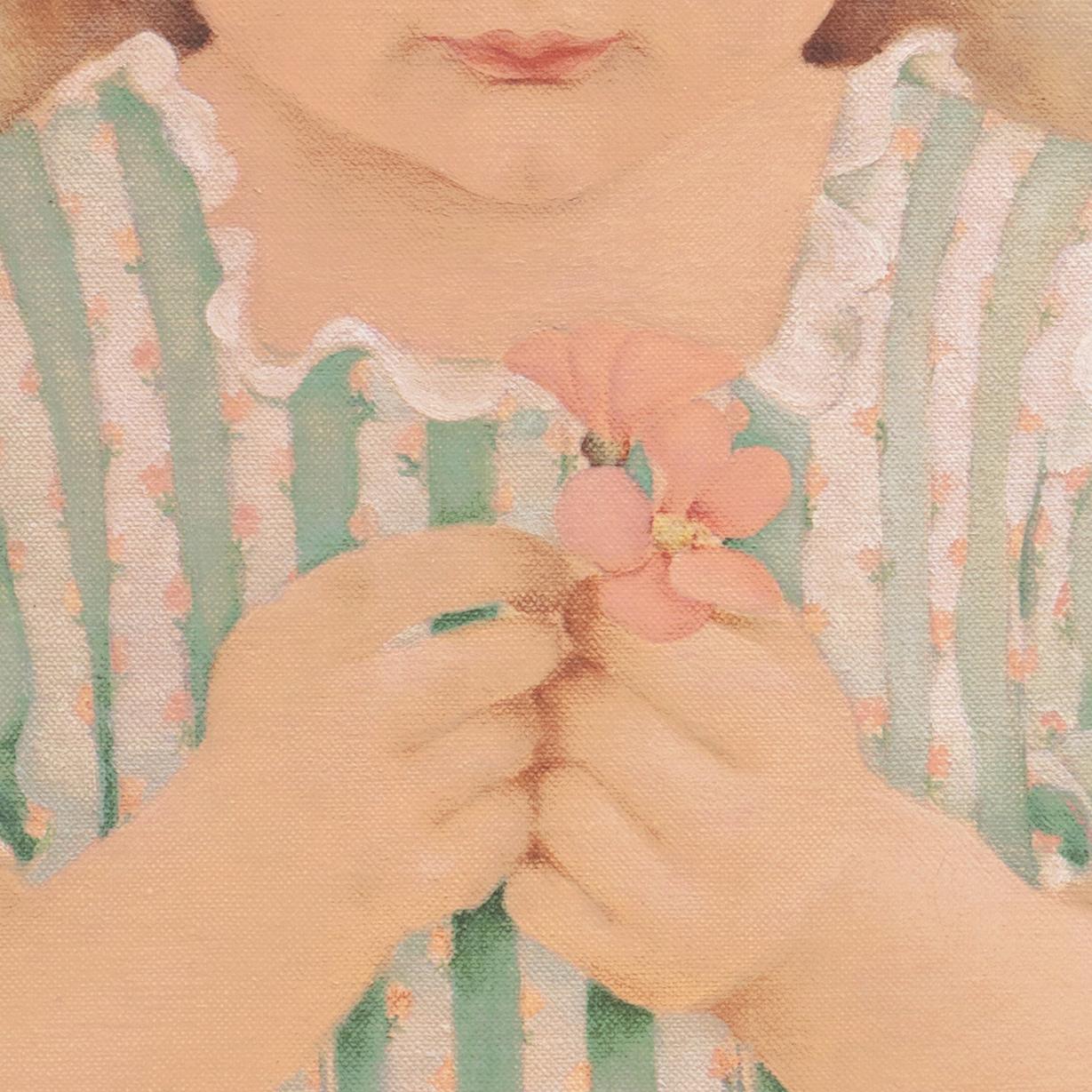 Retrato sensiblemente pintado de la hija del artista, Nancy, de dos años y medio, con un vestido de guinga verde jade de rayas florales. 

Firmado abajo a la derecha, 'Martha Tracy Frey' (estadounidense, 1915-2010) y pintado en 1944; además, en el