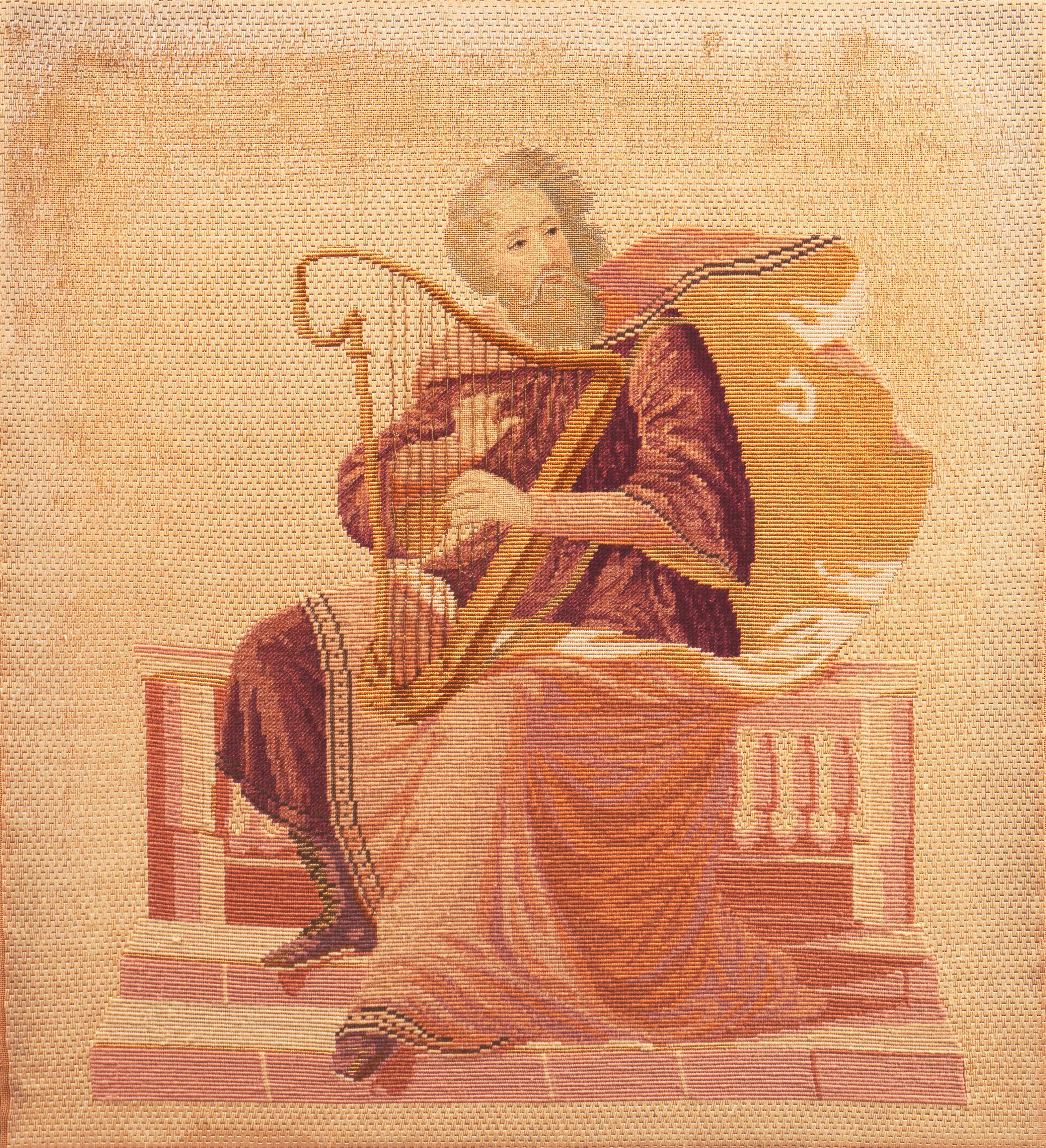 Homer, broderie figurative du XIXe siècle représentant le poète aveugle jouant de sa lyre