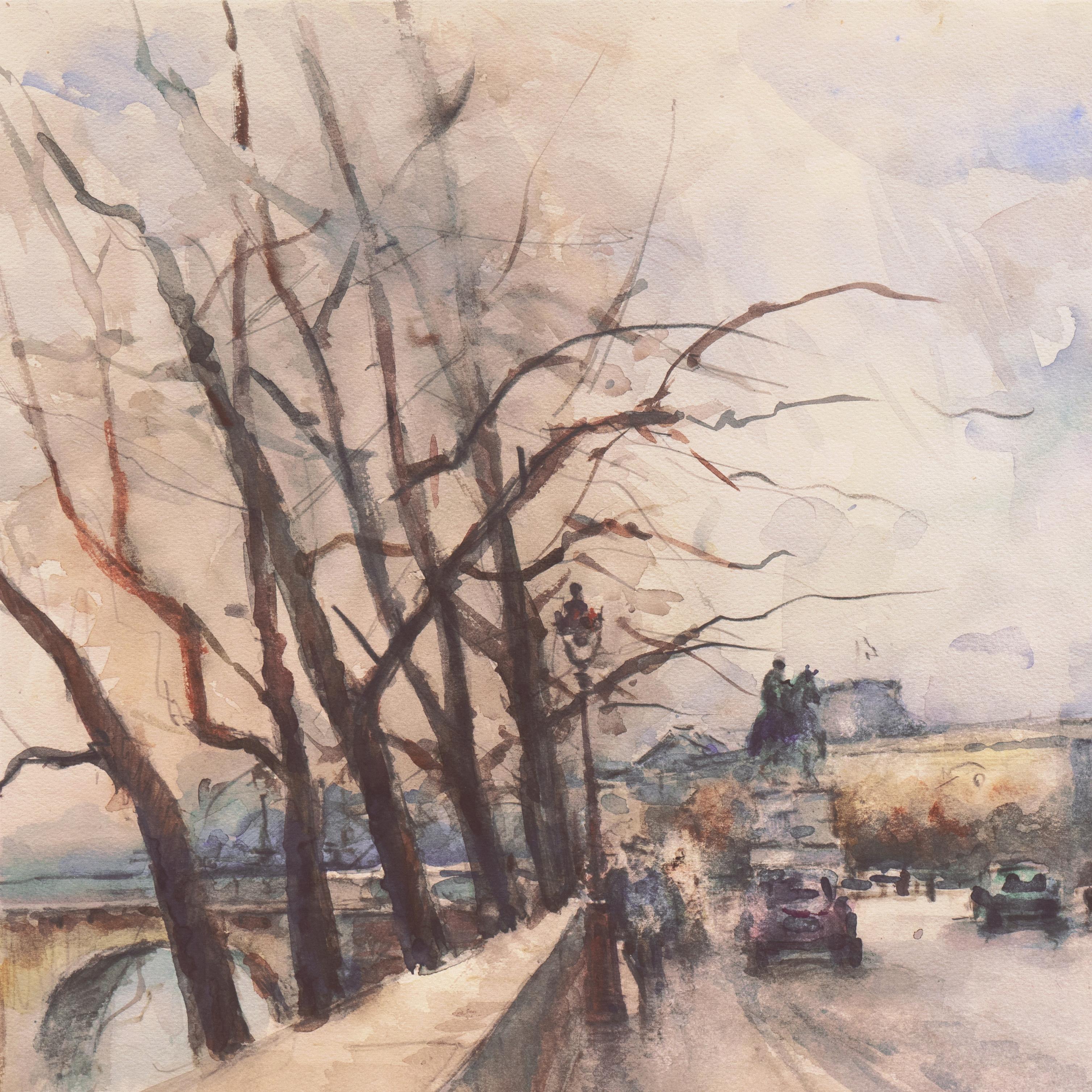 'Paris in the Rain', Impressionist View with the Seine and the Pont Neuf - Beige Landscape Art by Georges-Dominique Rouault