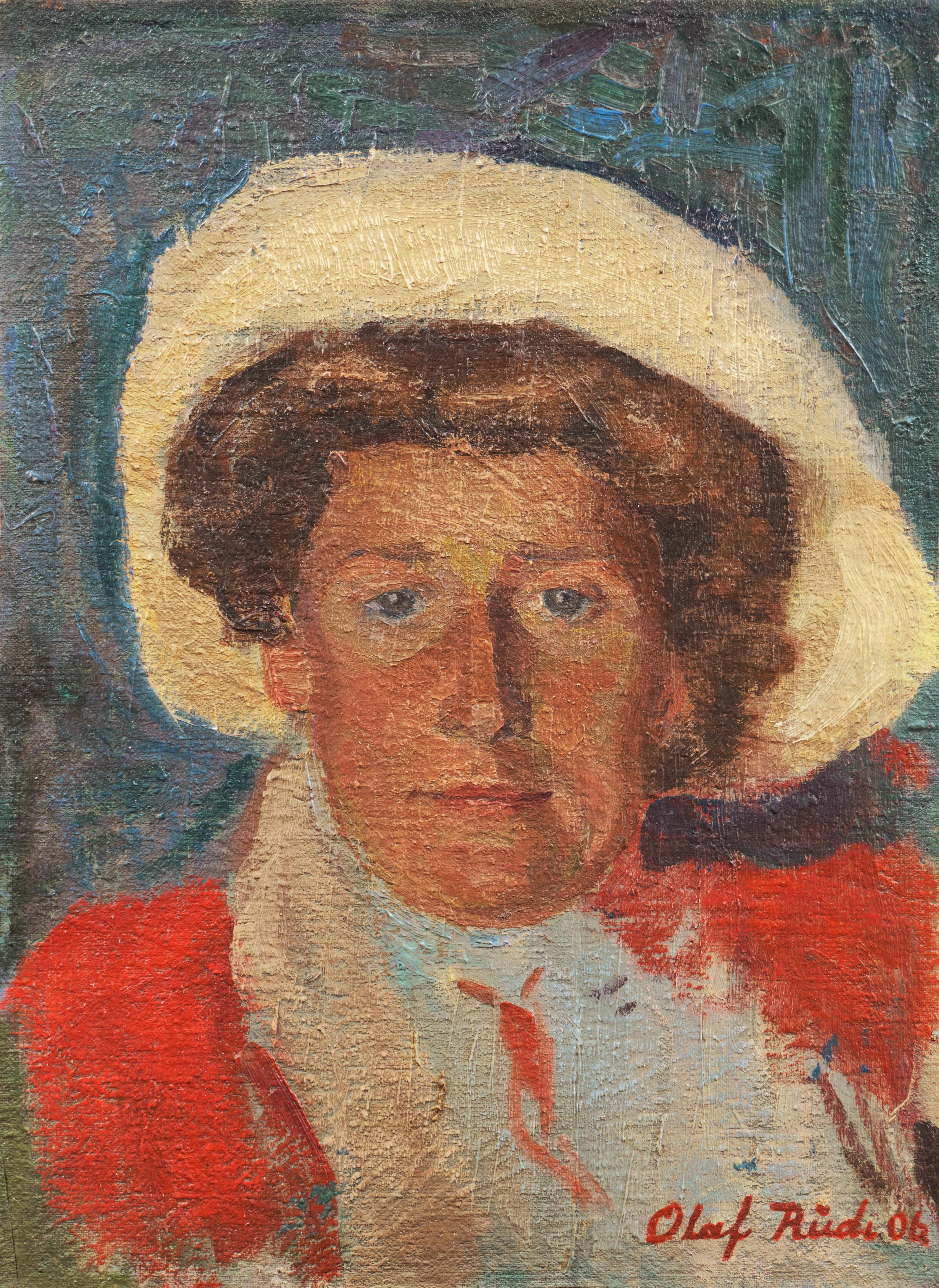 Olaf Rude Portrait Painting - 'Portrait of a Woman in a Straw Hat', Paris, Bornholm, Danish Post-Impressionist