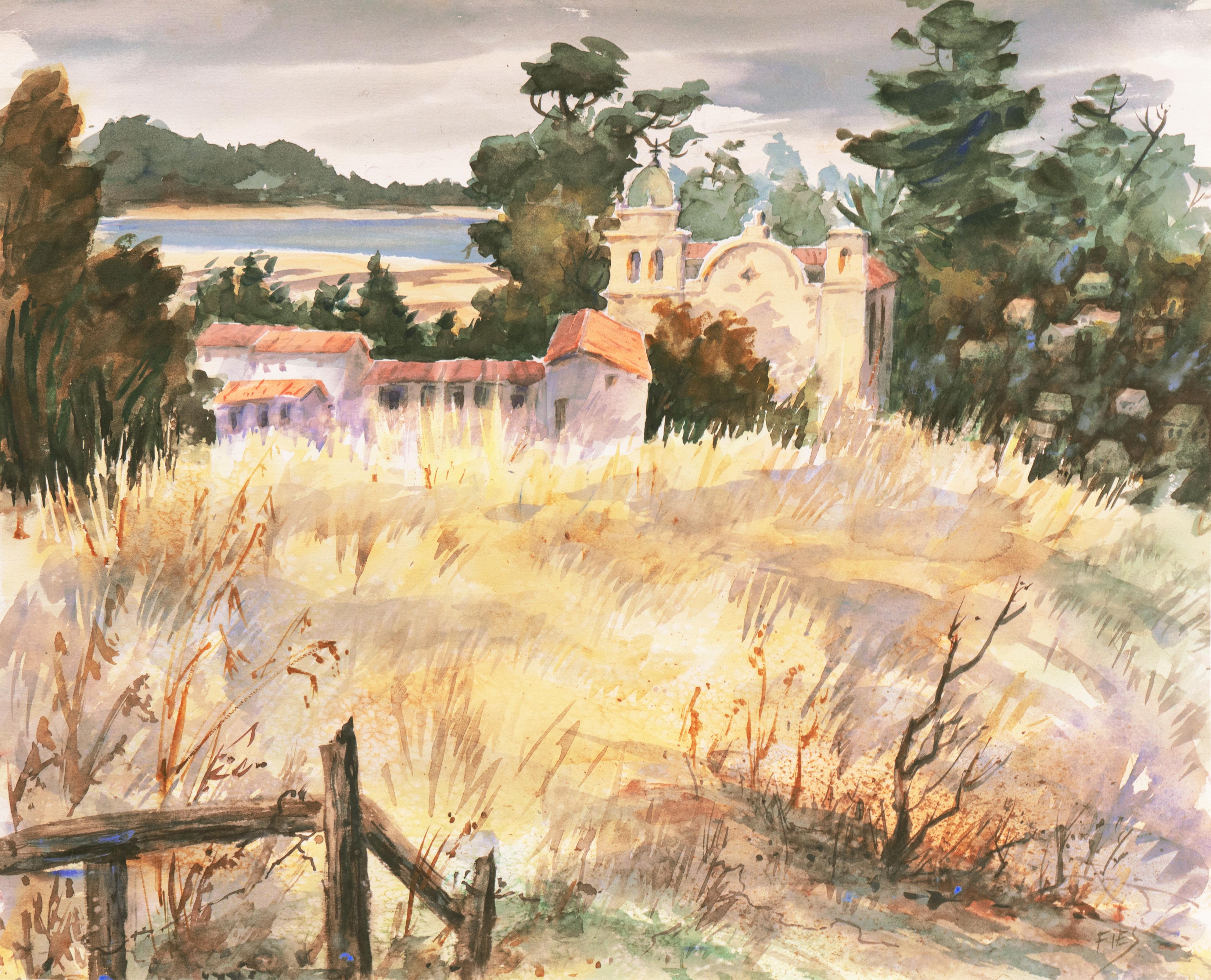 Gladys Louise Bowman Fies Landscape Art - 'Carmel Mission, California', Spanish Jesuit missionary church founded 1797, SWA