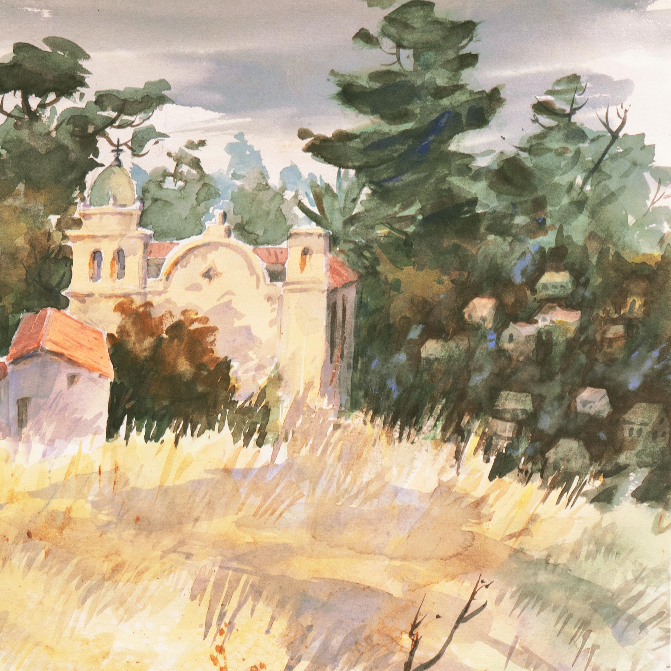 'Carmel Mission, California', Spanish Jesuit missionary church founded 1797, SWA - Beige Landscape Art by Gladys Louise Bowman Fies
