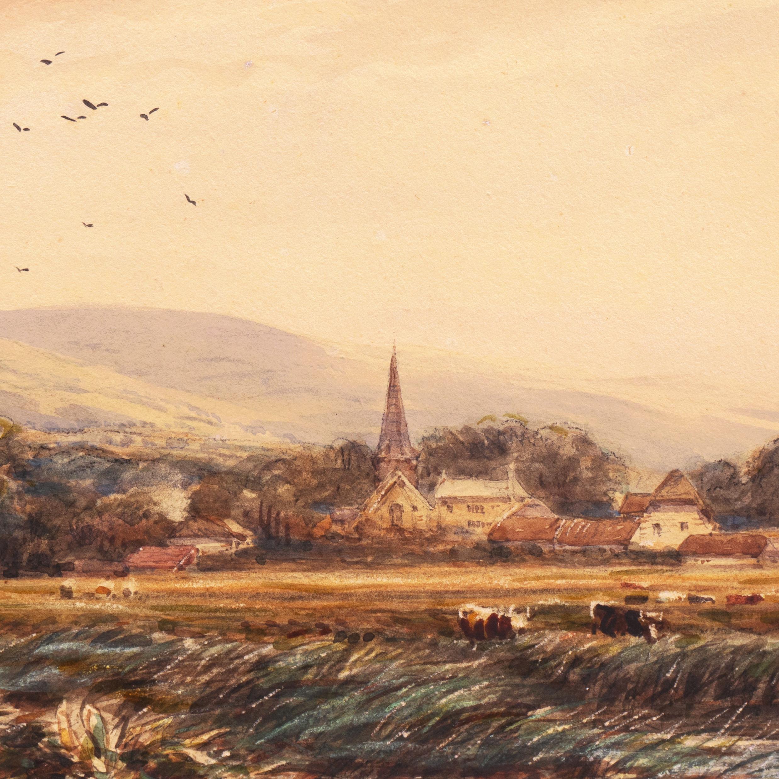 Signed lower left, 'J. Orrock' for James Orrock (British, 1829-1913) and dated 1845.
Matted Dimensions: 14.5 H x 19 W x .25 D Inches.

A well composed and freshly painted, mid-nineteenth century watercolor showing a view of a herd of cattle