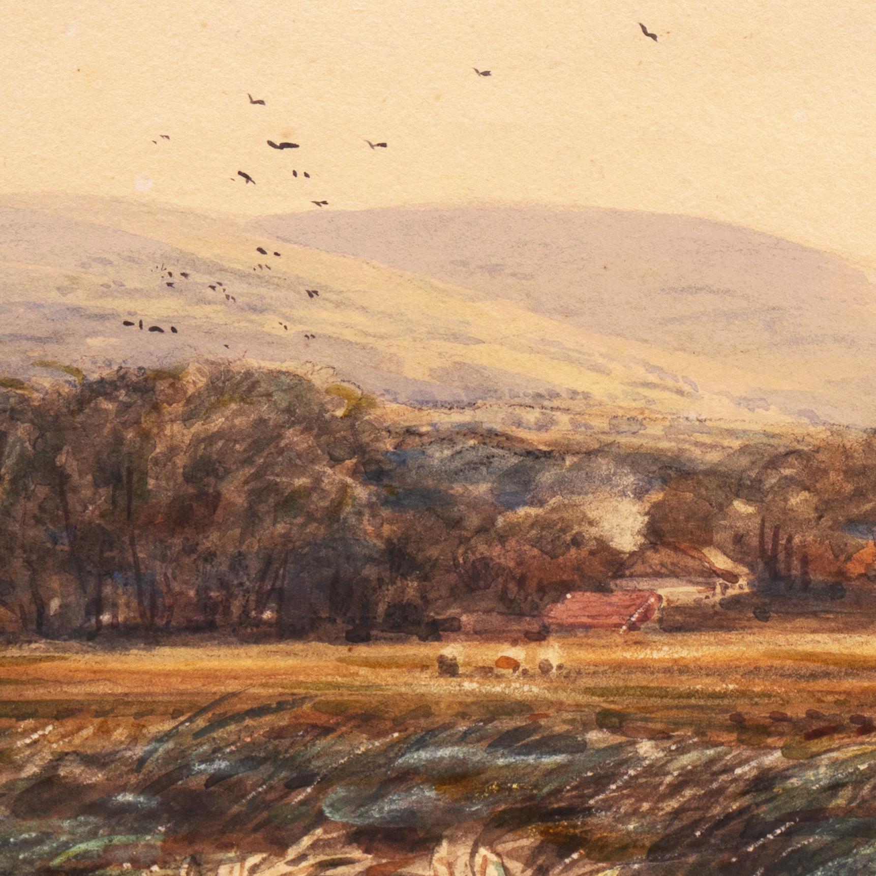 'Village with Church Spire', English mid-19th Century Watercolor, David Cox - Orange Landscape Art by James Orrock