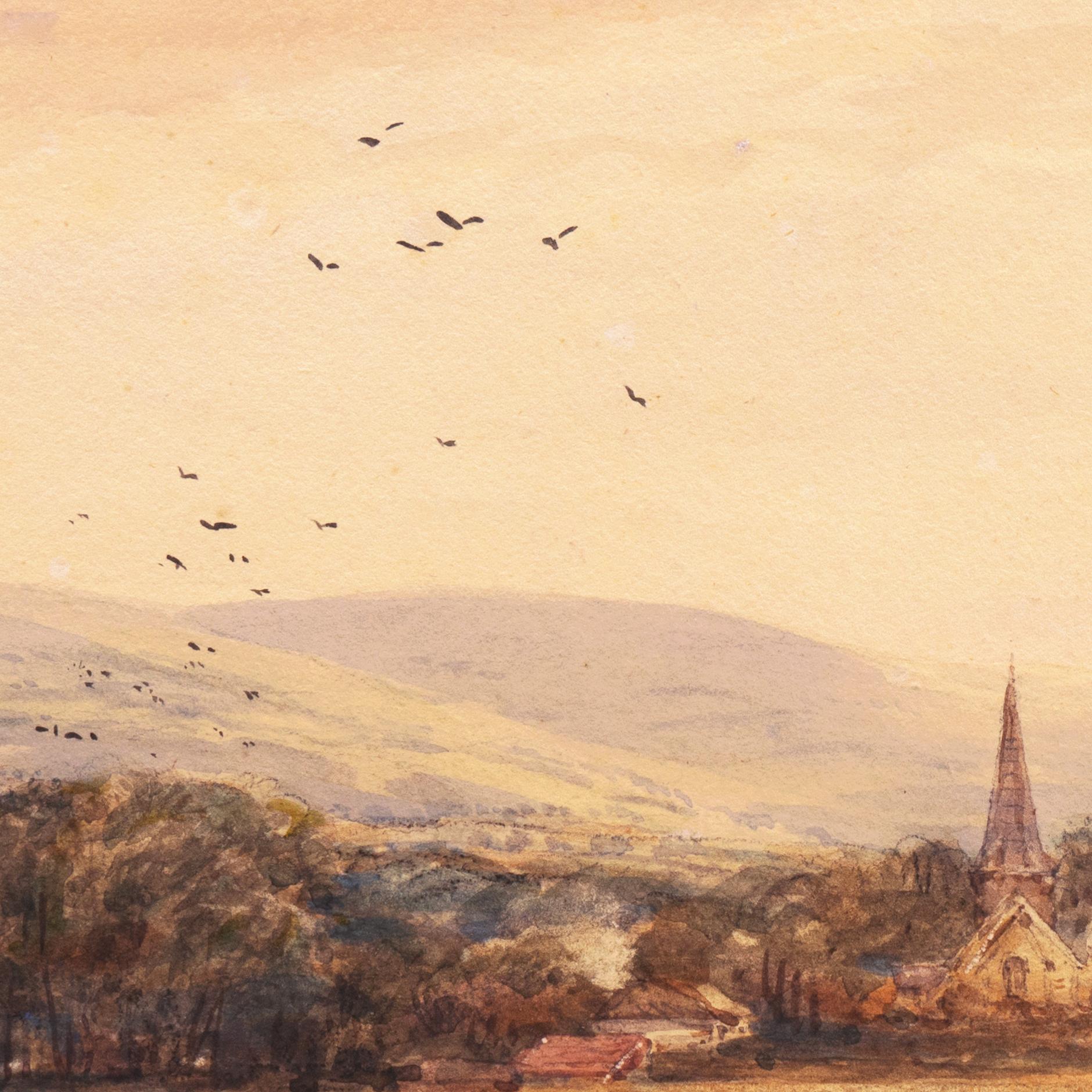 'Village with Church Spire', English mid-19th Century Watercolor, David Cox For Sale 1