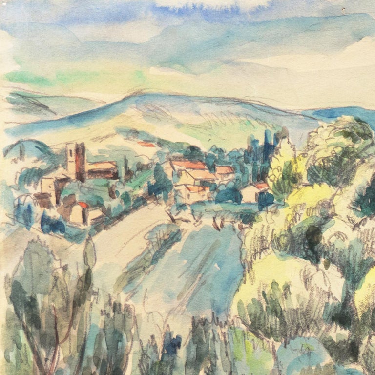 Signed lower right, 'Martin Baer', titled, 'Maussane, France' and dated September 1930.

An intimate modernist landscape showing a view of Maussane-les-Alpilles in the Provence-Alpes-Cote d'Azur region in southern France. A panoramic view across the