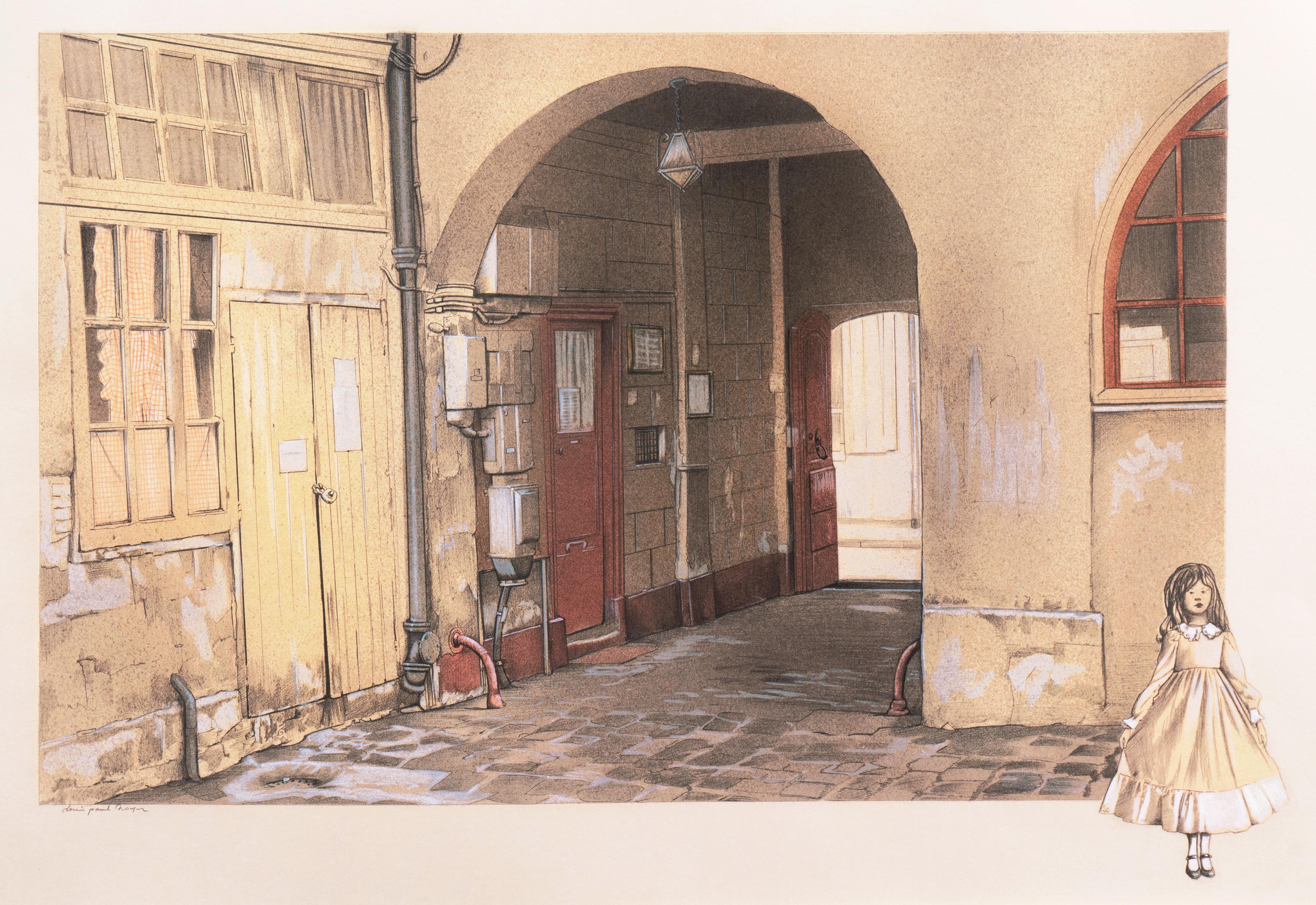 Denis Paul Noyer Figurative Art -  'French Courtyard', Large School of Paris Drawing, Ecole des Beaux Arts, Lyon