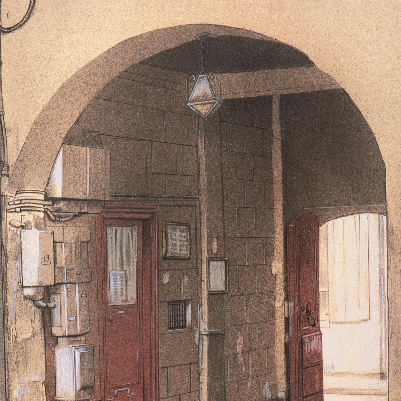 Cortile francese', Grande Scuola di Disegno di Parigi, Ecole des Beaux Arts, Lione - Figurative Art Beige di Denis Paul Noyer