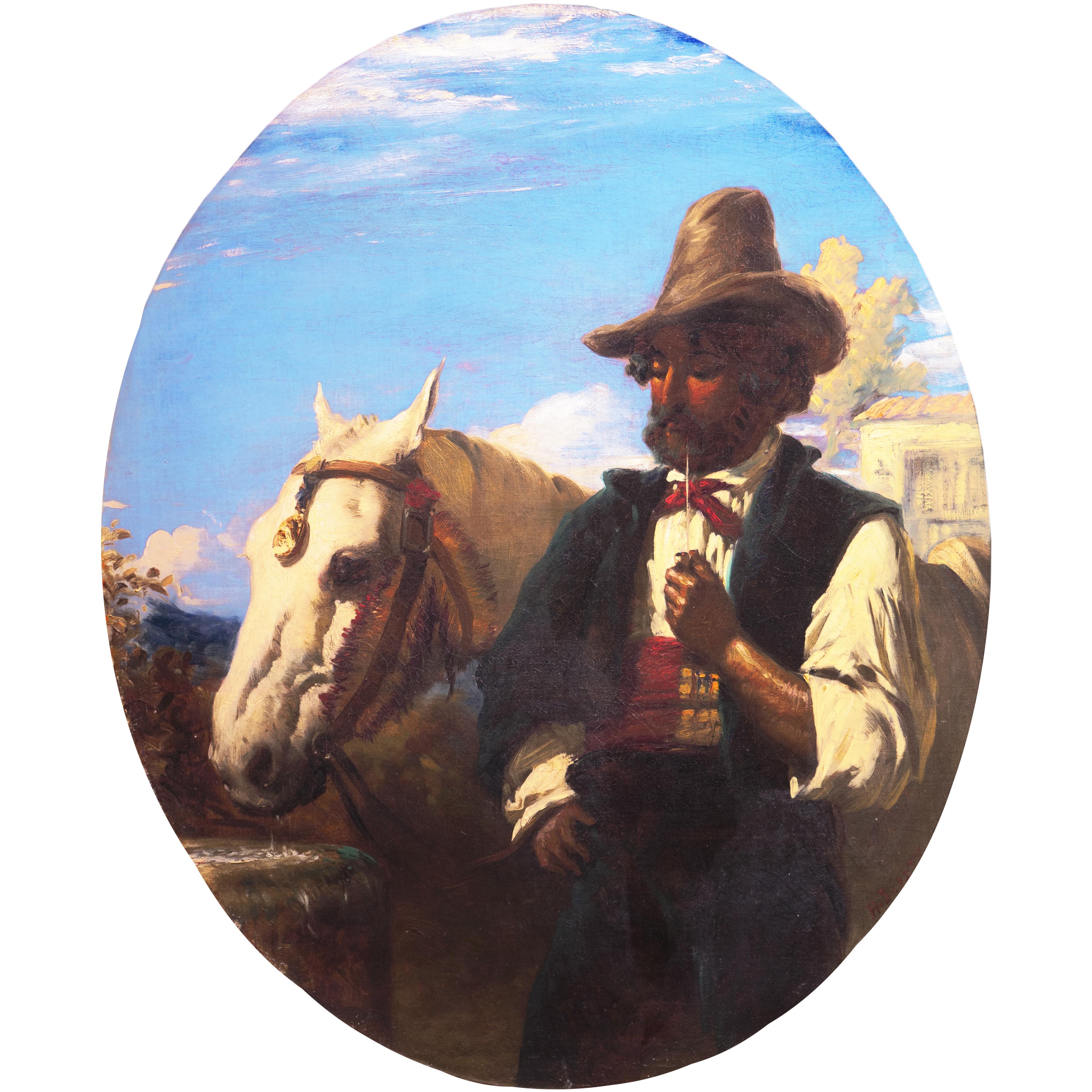 'Gaucho mit weißem Pferd':: Uruguay:: Argentinien Pampas-Cowboy:: Reitöl – Painting von Unknown