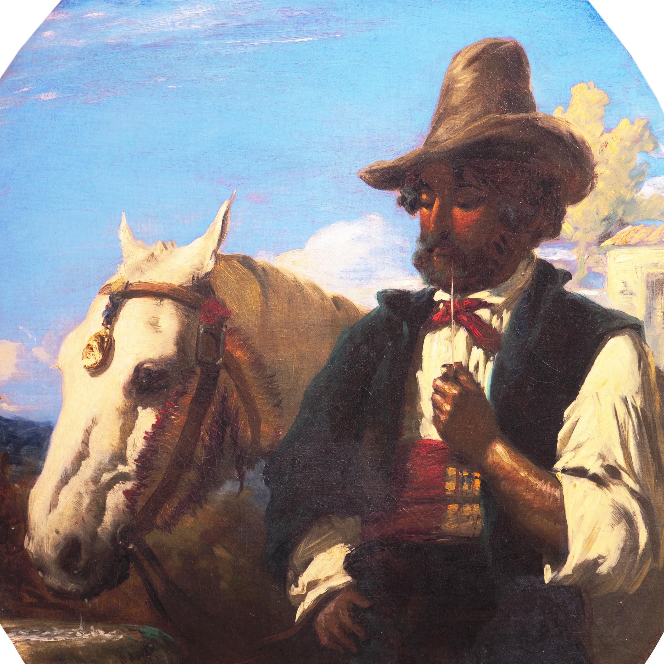 'Gaucho mit weißem Pferd':: Uruguay:: Argentinien Pampas-Cowboy:: Reitöl (Schwarz), Portrait Painting, von Unknown