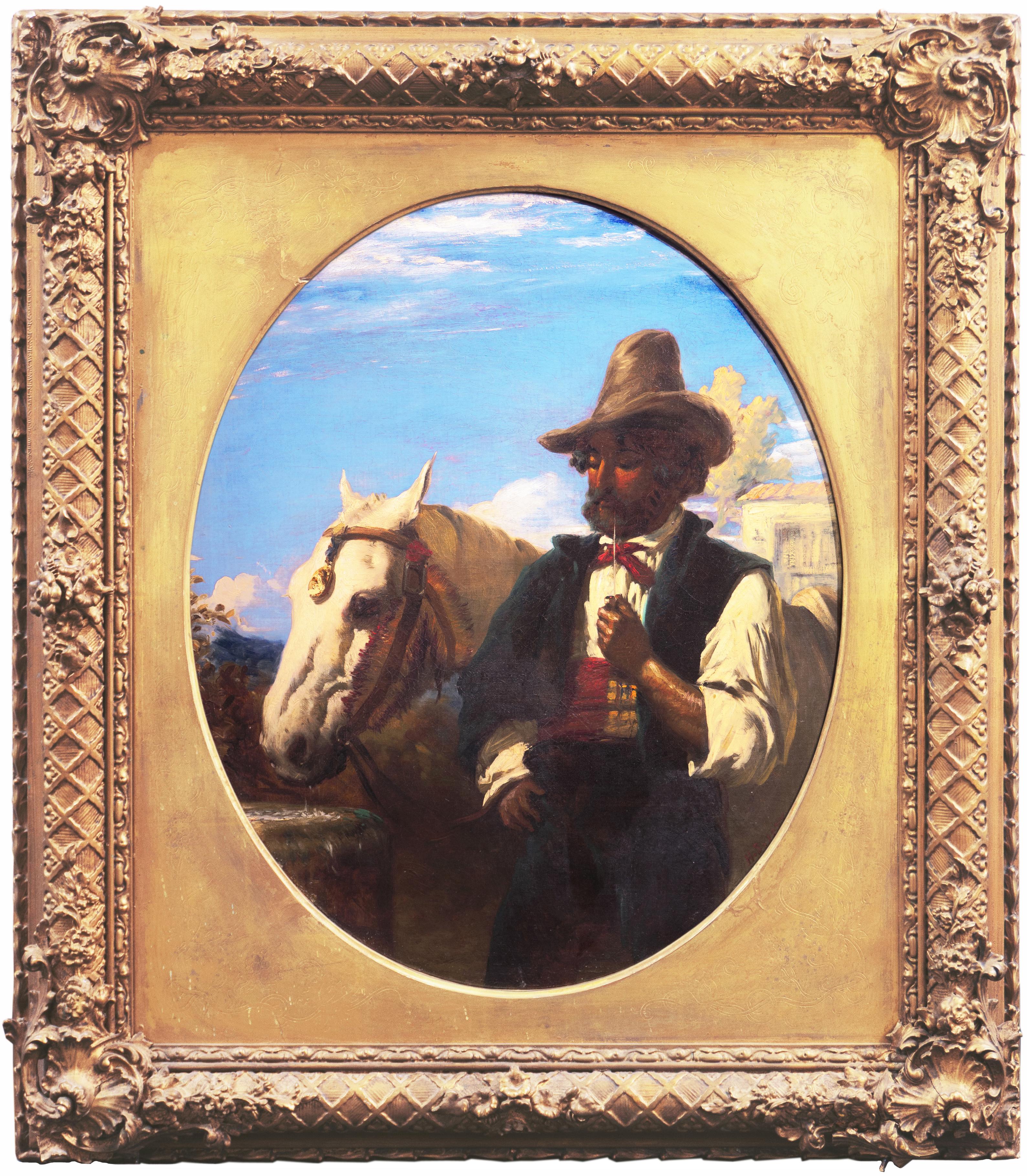 Unknown Portrait Painting – 'Gaucho mit weißem Pferd':: Uruguay:: Argentinien Pampas-Cowboy:: Reitöl