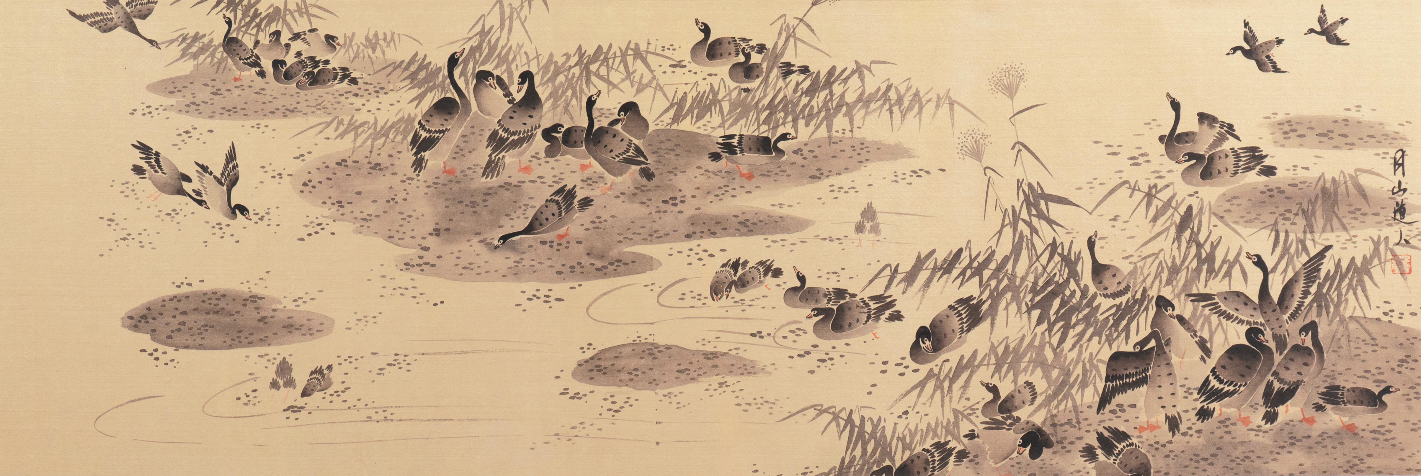 Ren Renfa Landscape Painting -  'Geese on a Lake', Chinese scroll, calligraphy, Sumi-e, Song, Yuan Dynasty
