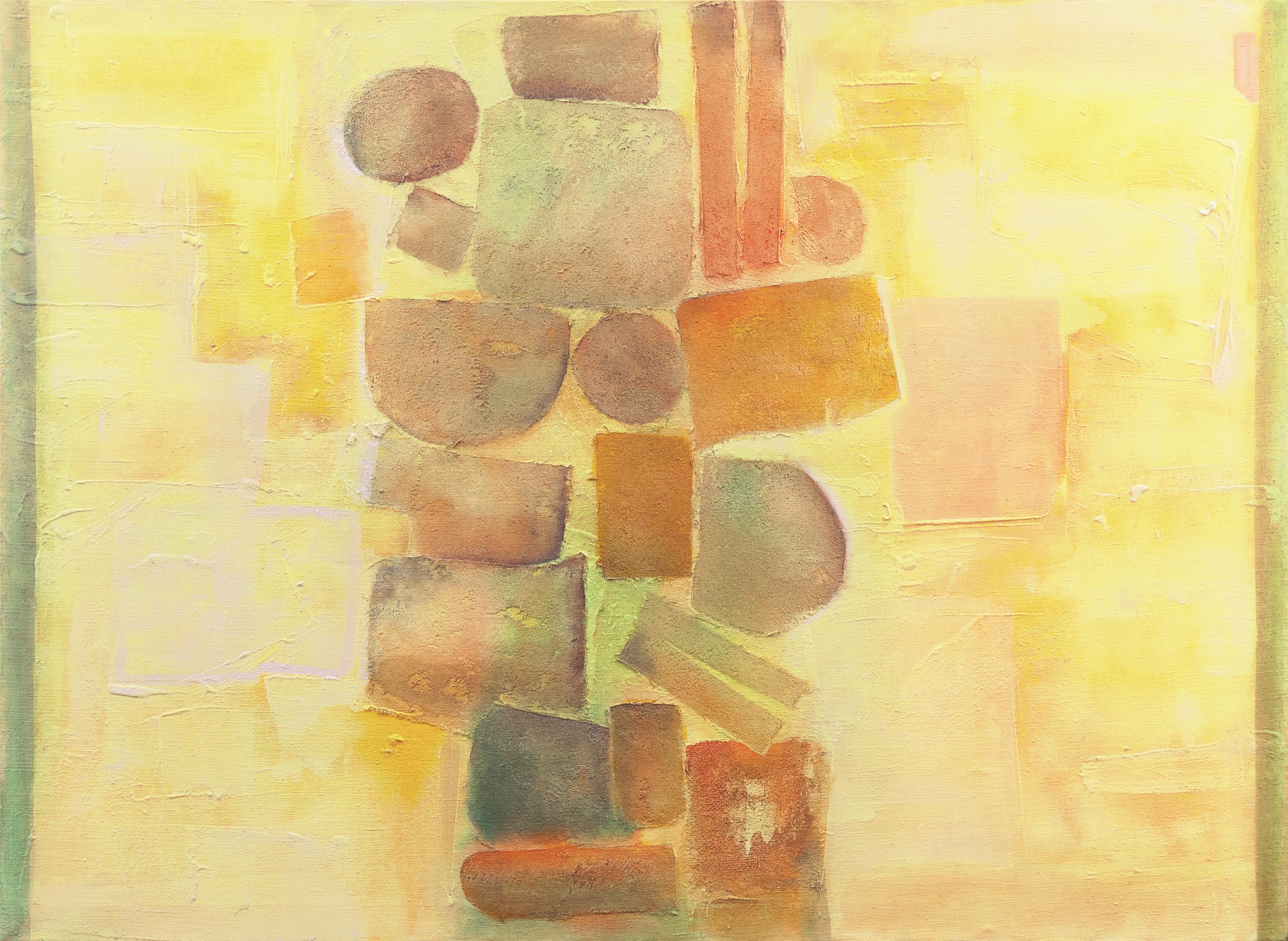Remy Aron Abstract Painting – 'Construction in Saffron and Tourmaline', French Geometric Abstract, Los Robles