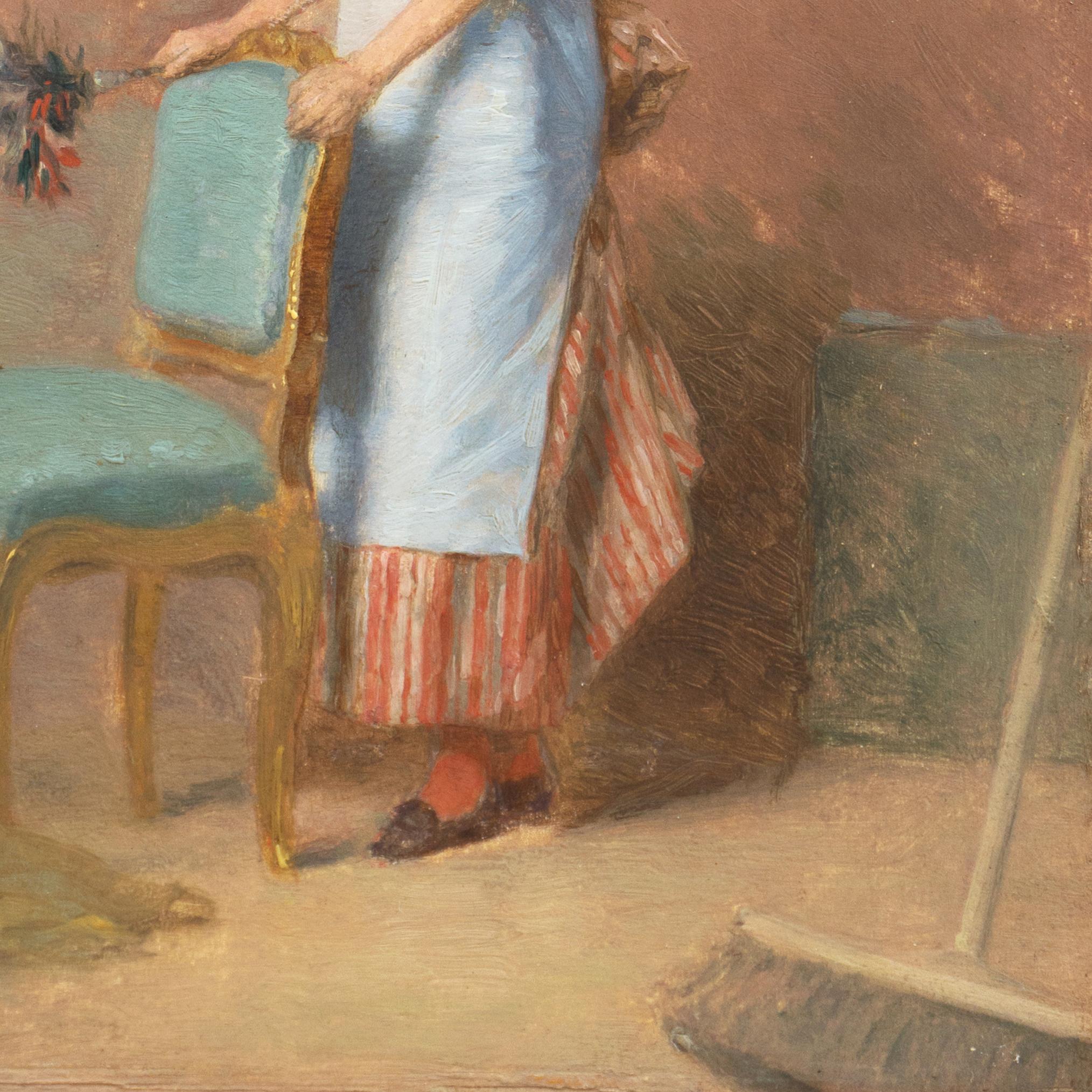 A late 19th-century cabinet-sized oil on chamfered mahogany panel showing an elegant interior with a maid-servant contemplating a copy of the Venus de Milo. 

Signed lower left, 