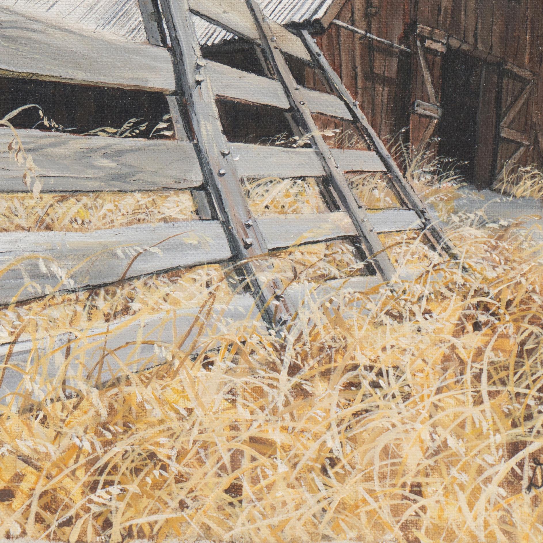 'The Old Wooden Gate', Americana, rustic landscape with Barn, 1970's - Realist Painting by Dianne Moss Walling