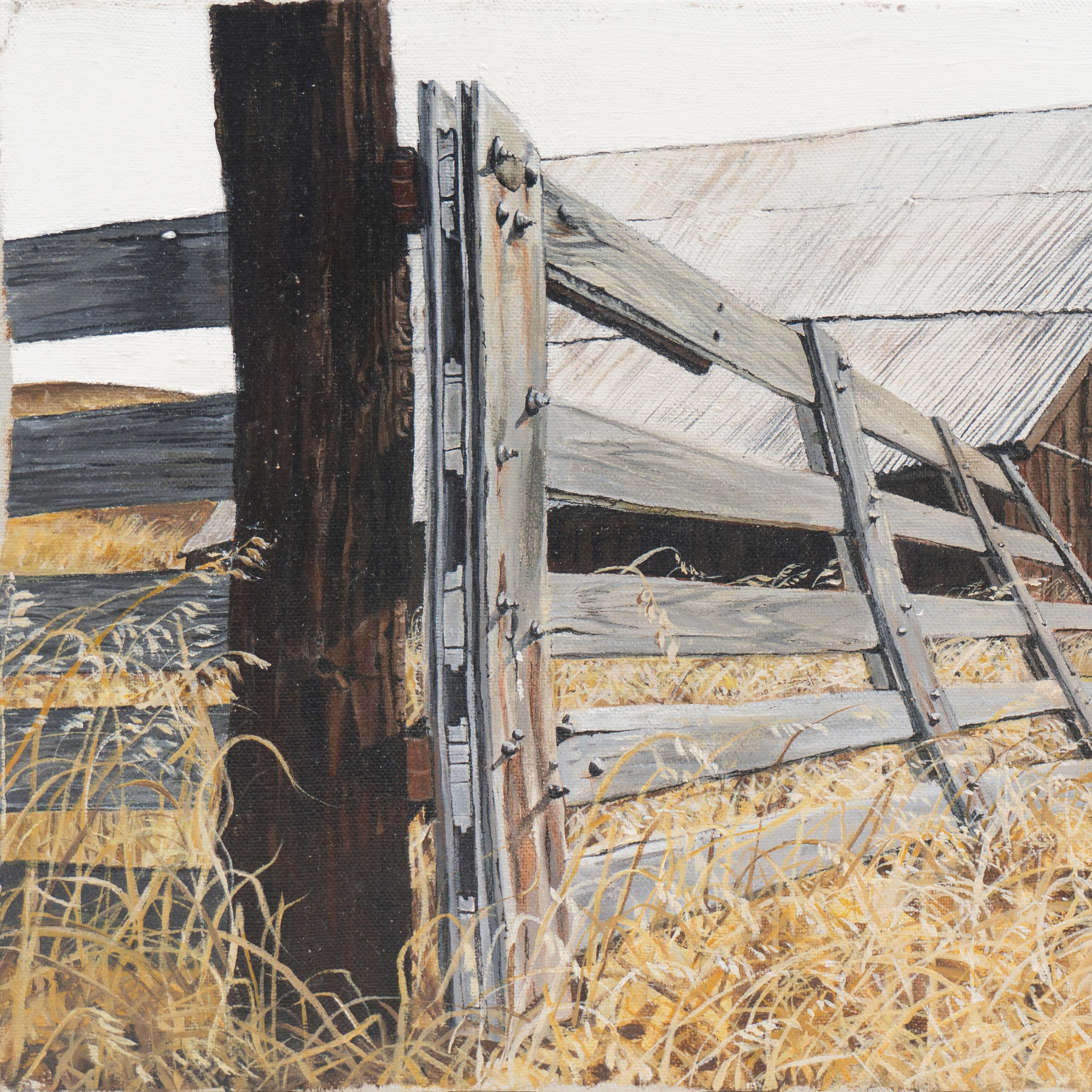 'The Old Wooden Gate', Americana, rustic landscape with Barn, 1970's - Beige Landscape Painting by Dianne Moss Walling