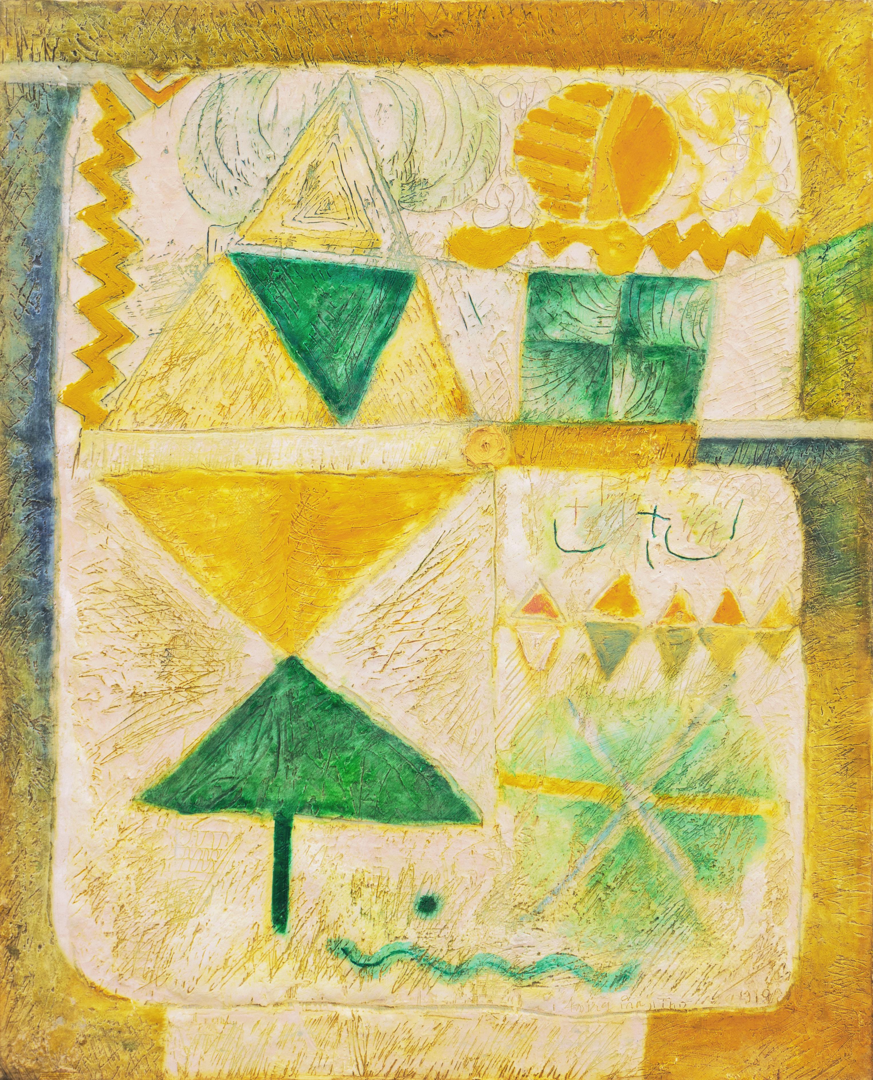 Aming Prayitno Abstract Painting - 'Organic Abstract in Yellow and Green', Jakarta, Indonesian Art Academy, Ghent