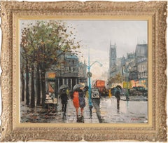 Vintage 'Paris in the Rain', Large French School Post-Impressionist oil