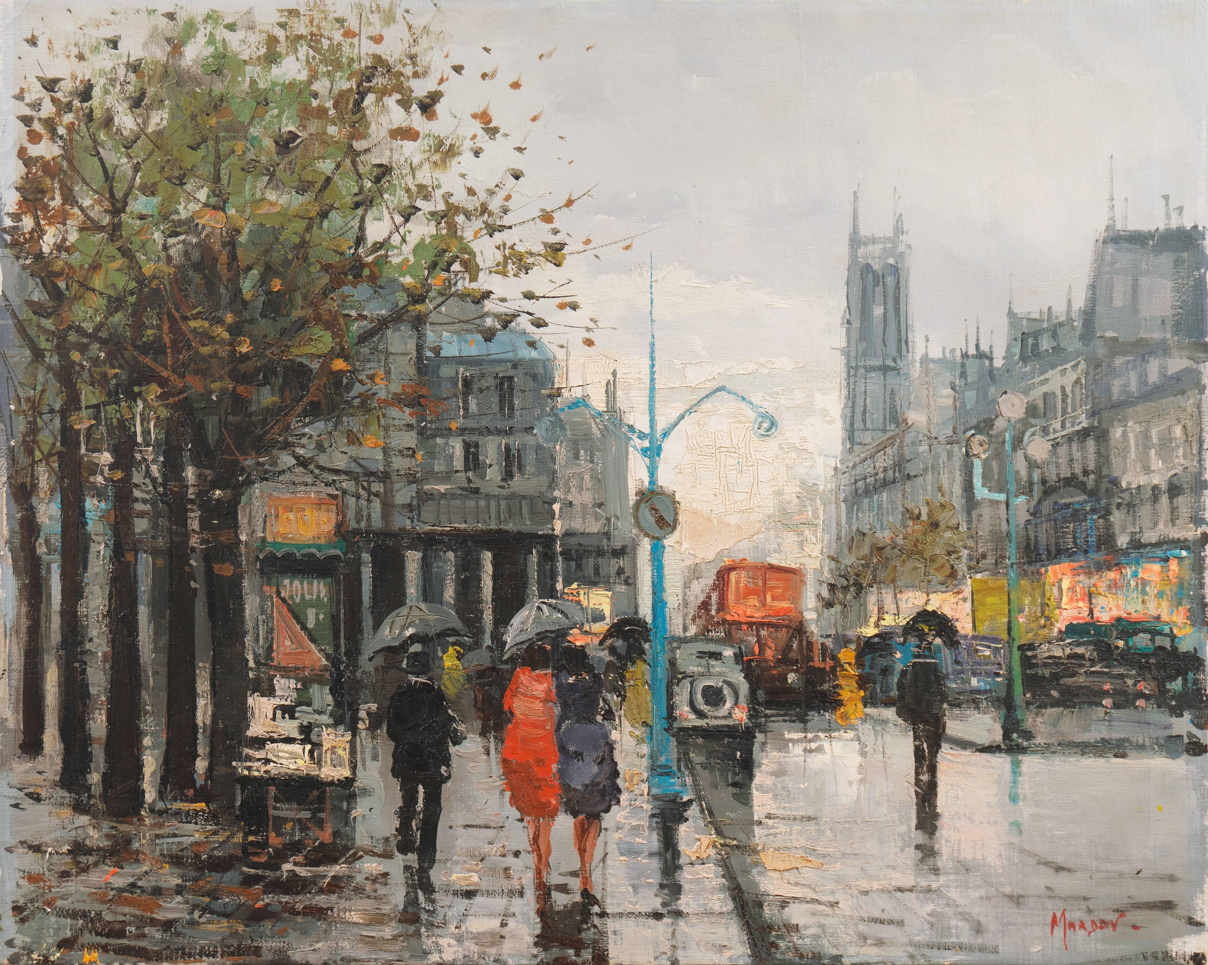 'Paris in the Rain', Large French School Post-Impressionist oil - Painting by Marda