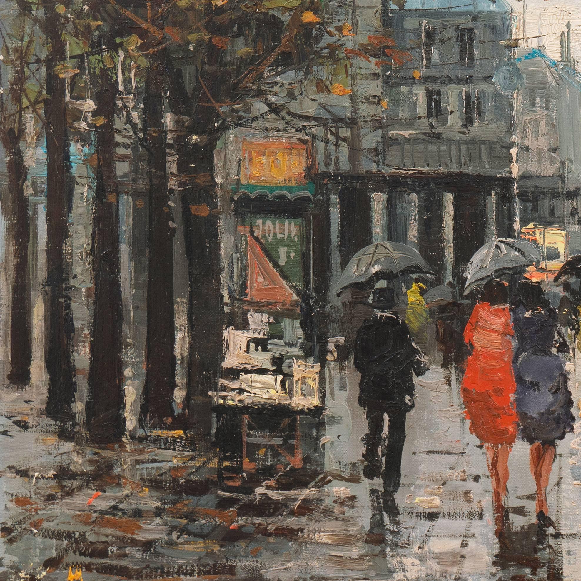 'Paris in the Rain', Large French School Post-Impressionist oil - Brown Figurative Painting by Marda