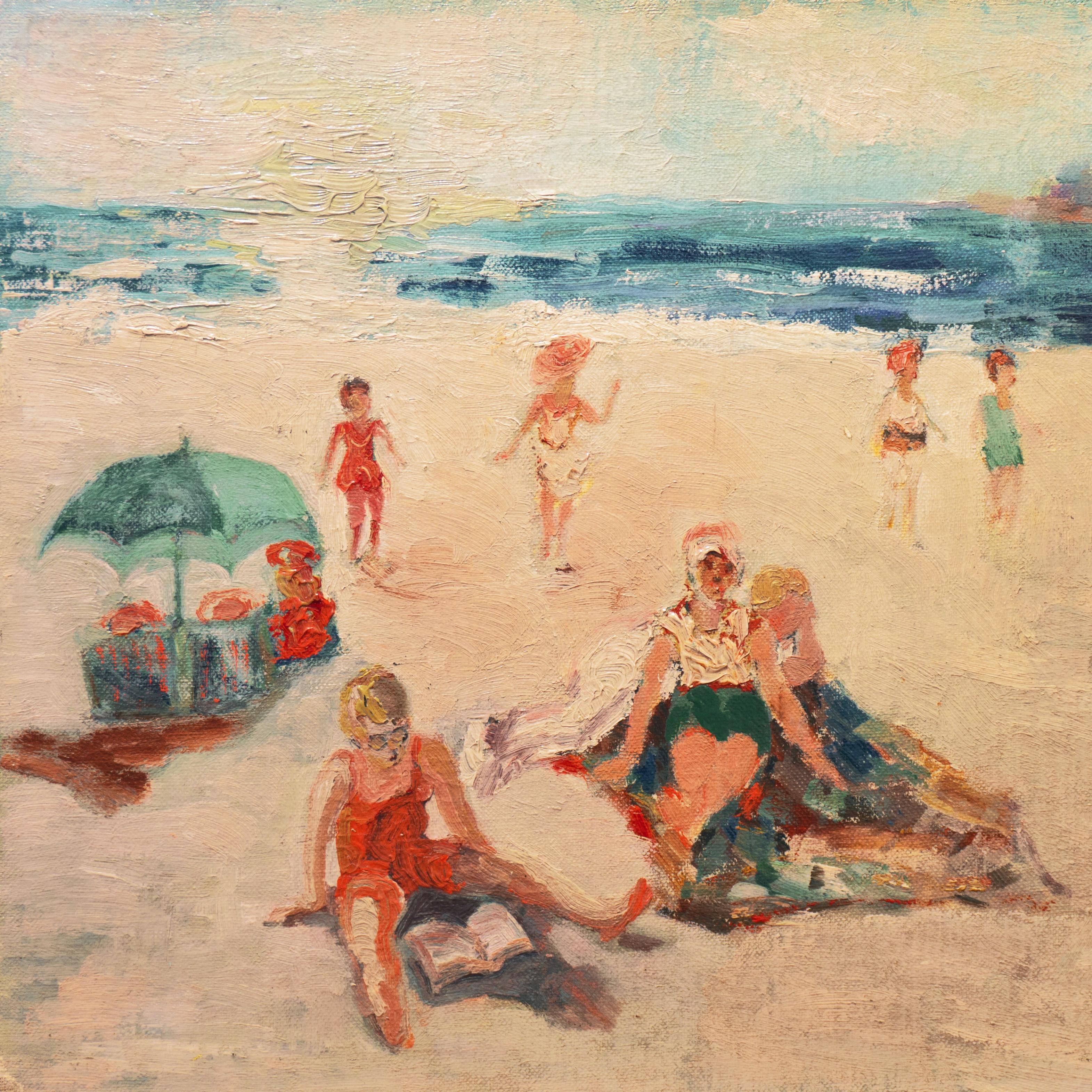 'At the Beach', California Impressionist woman artist, Carmel, Cooper Union - Beige Landscape Painting by Marjory Pegram