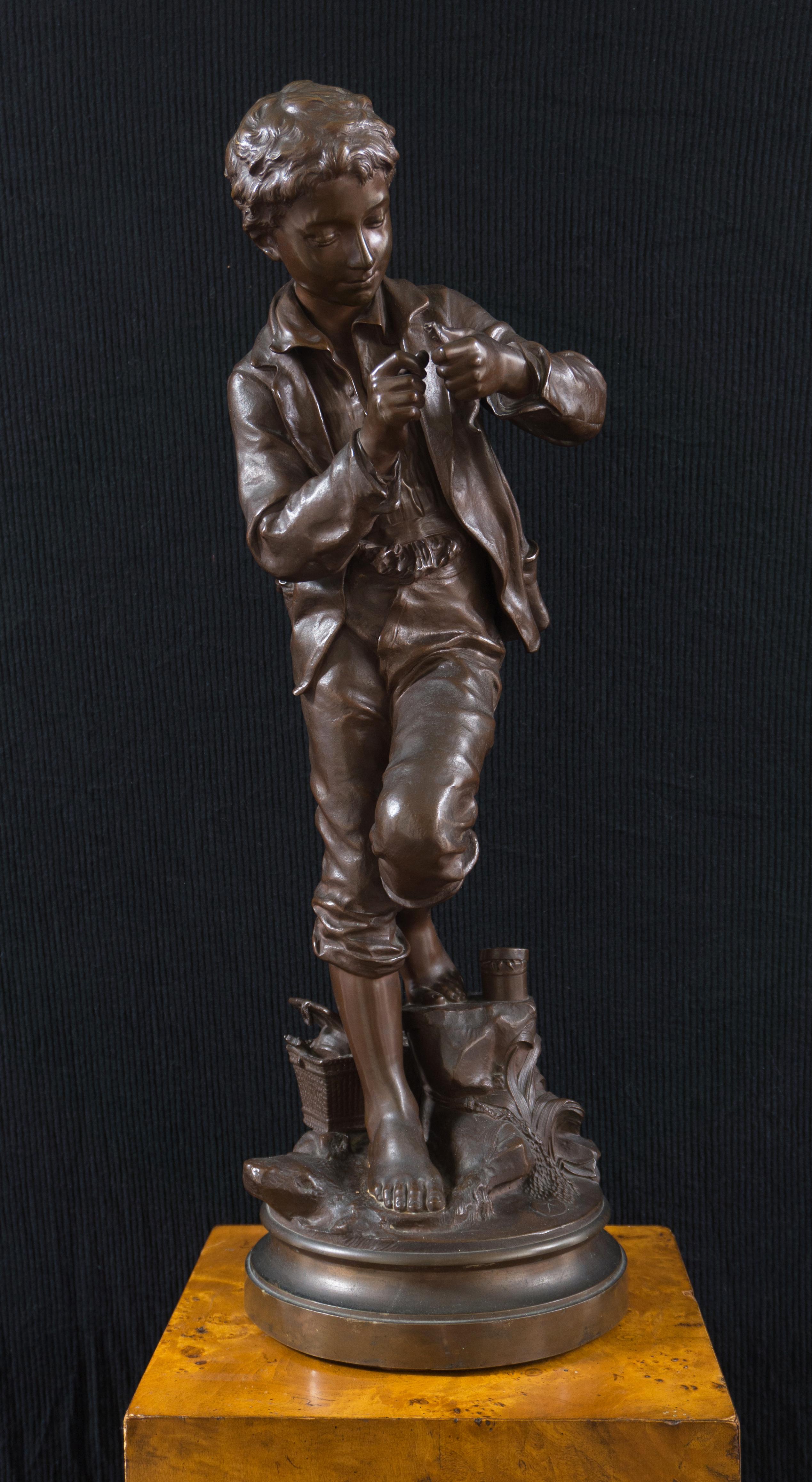 Comte Eugene D'Astanieres Figurative Sculpture - 'The Fisher Boy', Large Bronze, Medal of Honor, Paris Universal Exposition, 1900