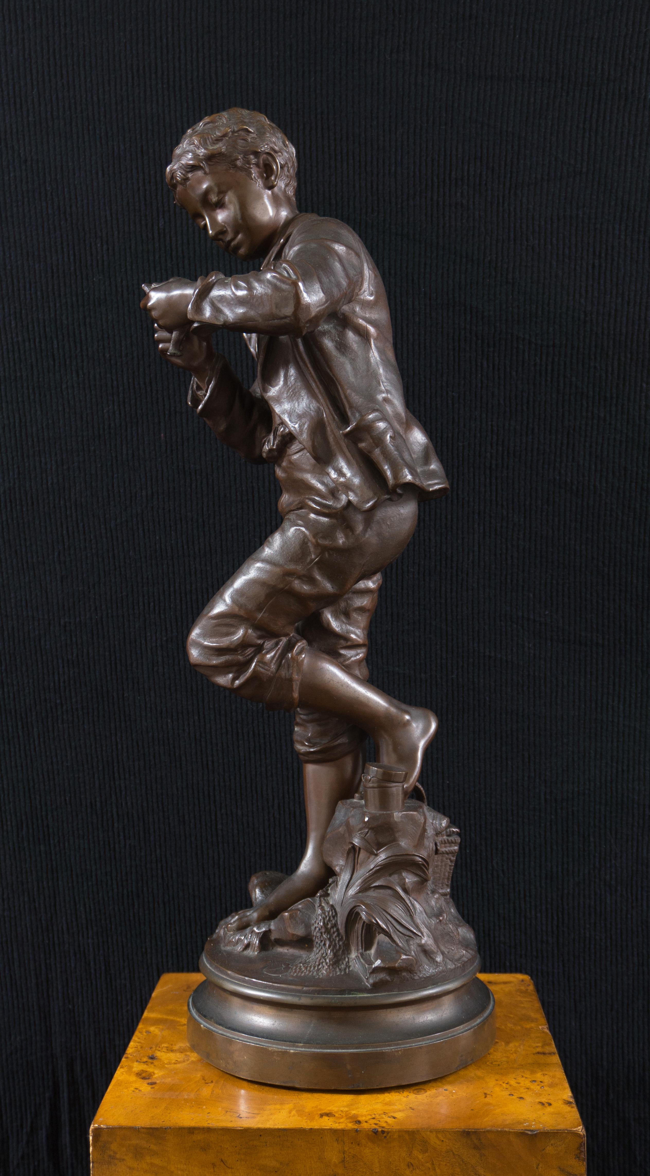 'The Fisher Boy', Large Bronze, Medal of Honor, Paris Universal Exposition, 1900 - Sculpture by Comte Eugene D'Astanieres