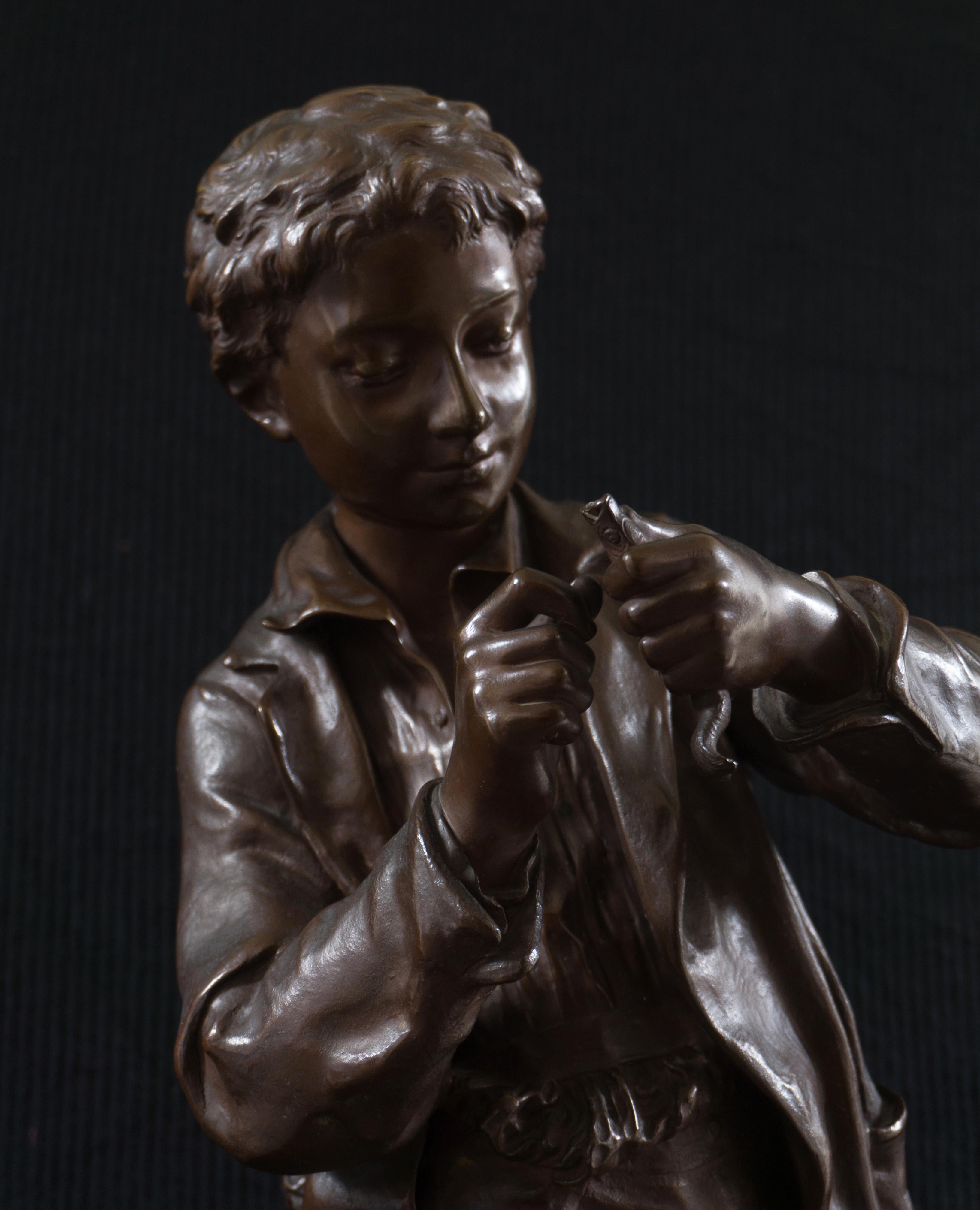 'The Fisher Boy', Large Bronze, Medal of Honor, Paris Universal Exposition, 1900 - Gold Figurative Sculpture by Comte Eugene D'Astanieres