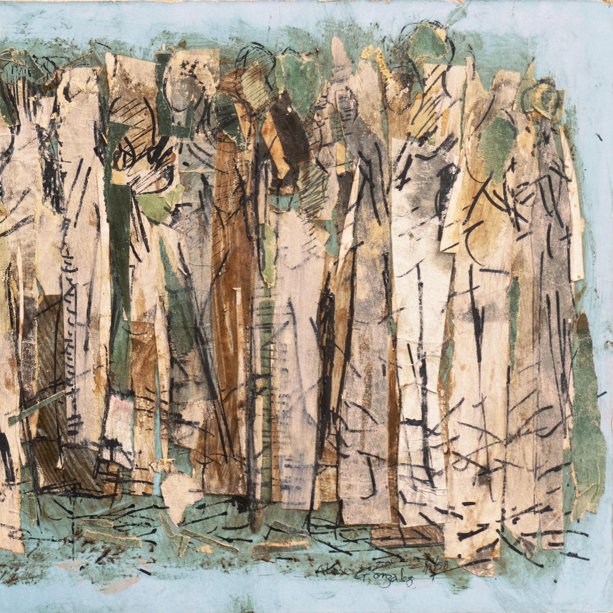 Signed lower right, 'Alex Gonzales' (American, 1927-2020) and dated, '11/58'.

A delicate and enigmatic, mid-century, painted collage showing a procession of figures contrasted against an olive green and sky-blue background.

Alex Gonzales