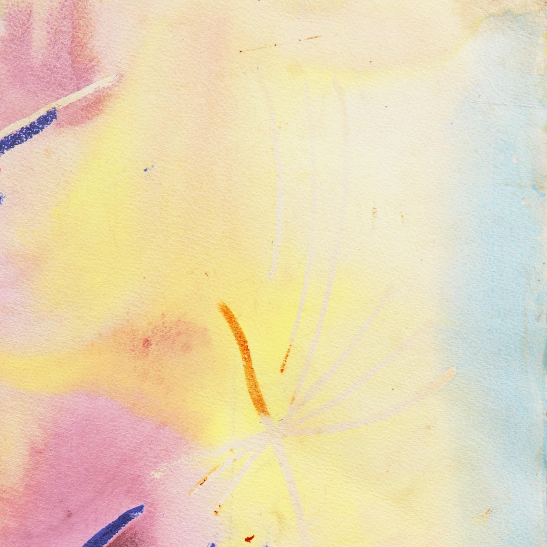 Peint par Dawn O'Malley (Américaine, 20e siècle), vers 1975 et avec certificat d'authenticité tamponné au verso. 

Une peinture figurative lumineuse et harmonieuse dans le style mycénien de décoration de poterie, représentant une femme de profil qui