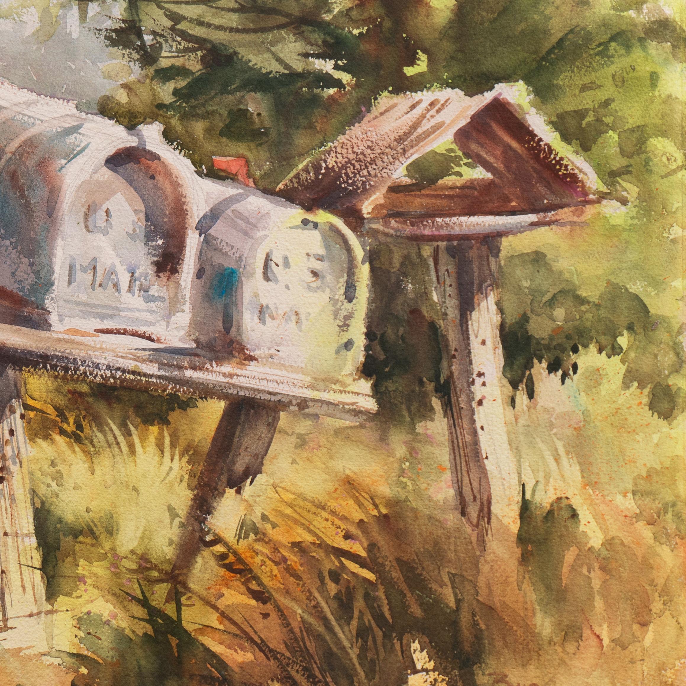 Signed lower right, 'Burnham SWA' for Jane Burnham Crawford (American 1926-2016) and painted circa 1985.

A substantial and loosely painted view of five dilapidated mail boxes standing on the verge of a rural road among overgrown grasses and