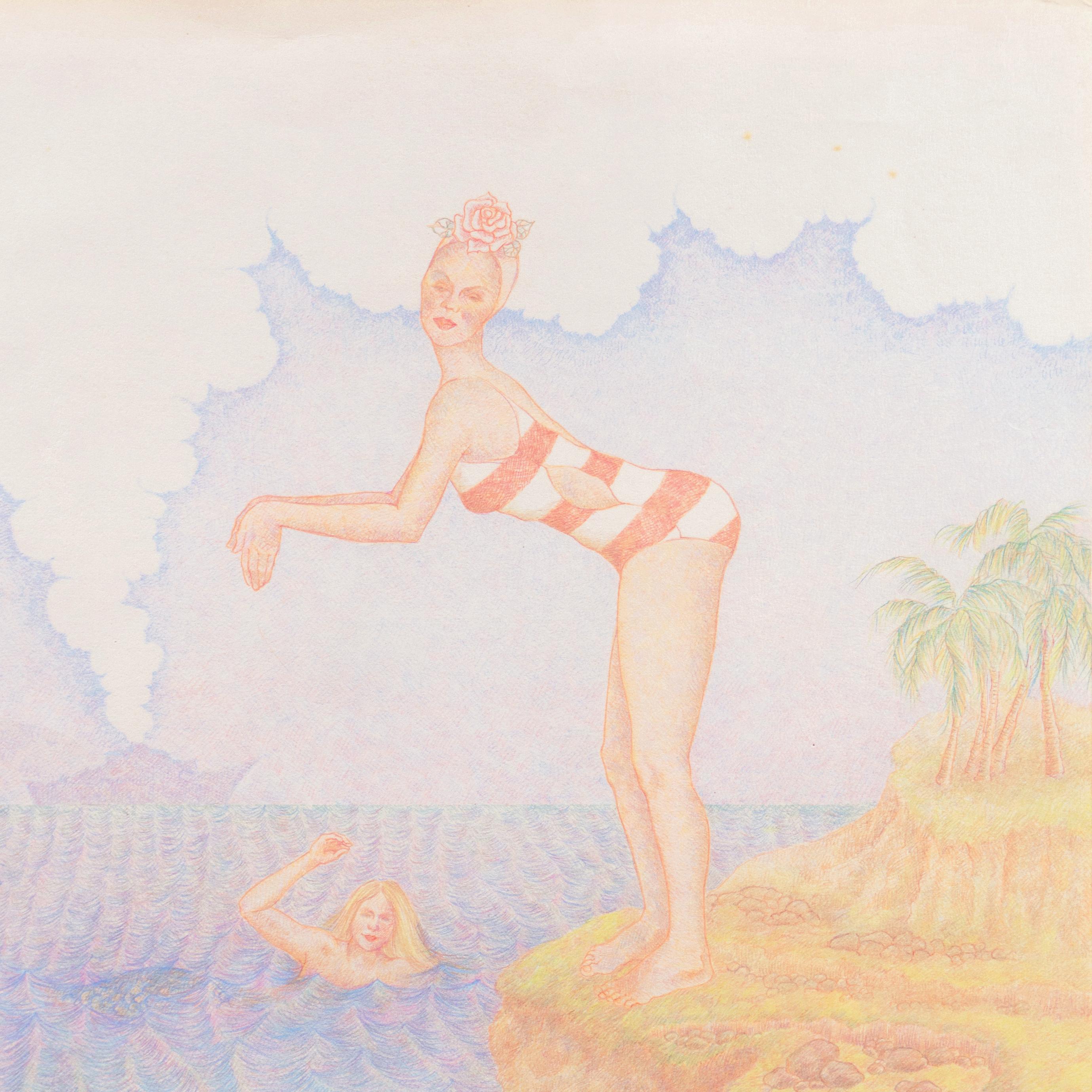 'U.S.S. Love', Swimming with Mermaids, Merman - Beige Landscape Art by Roberta Loach