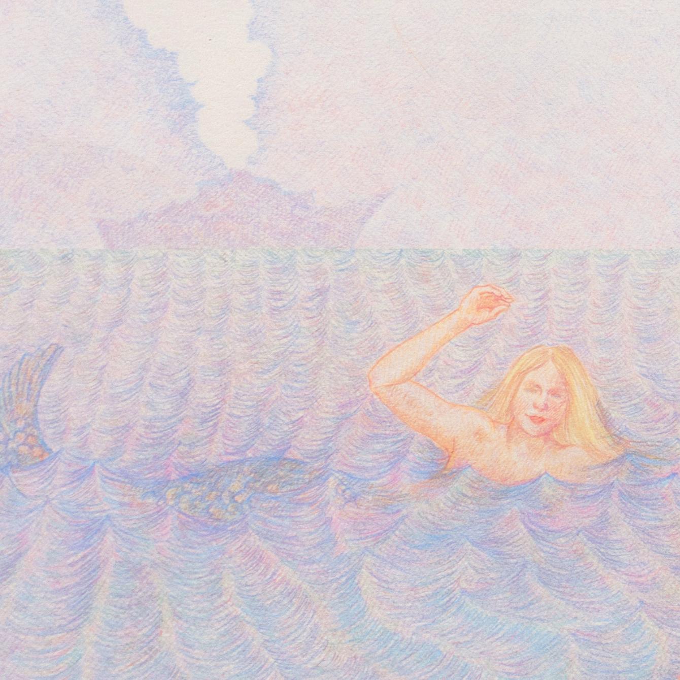 'U.S.S. Love', Swimming with Mermaids, Merman (Beige), Landscape Art, von Roberta Loach