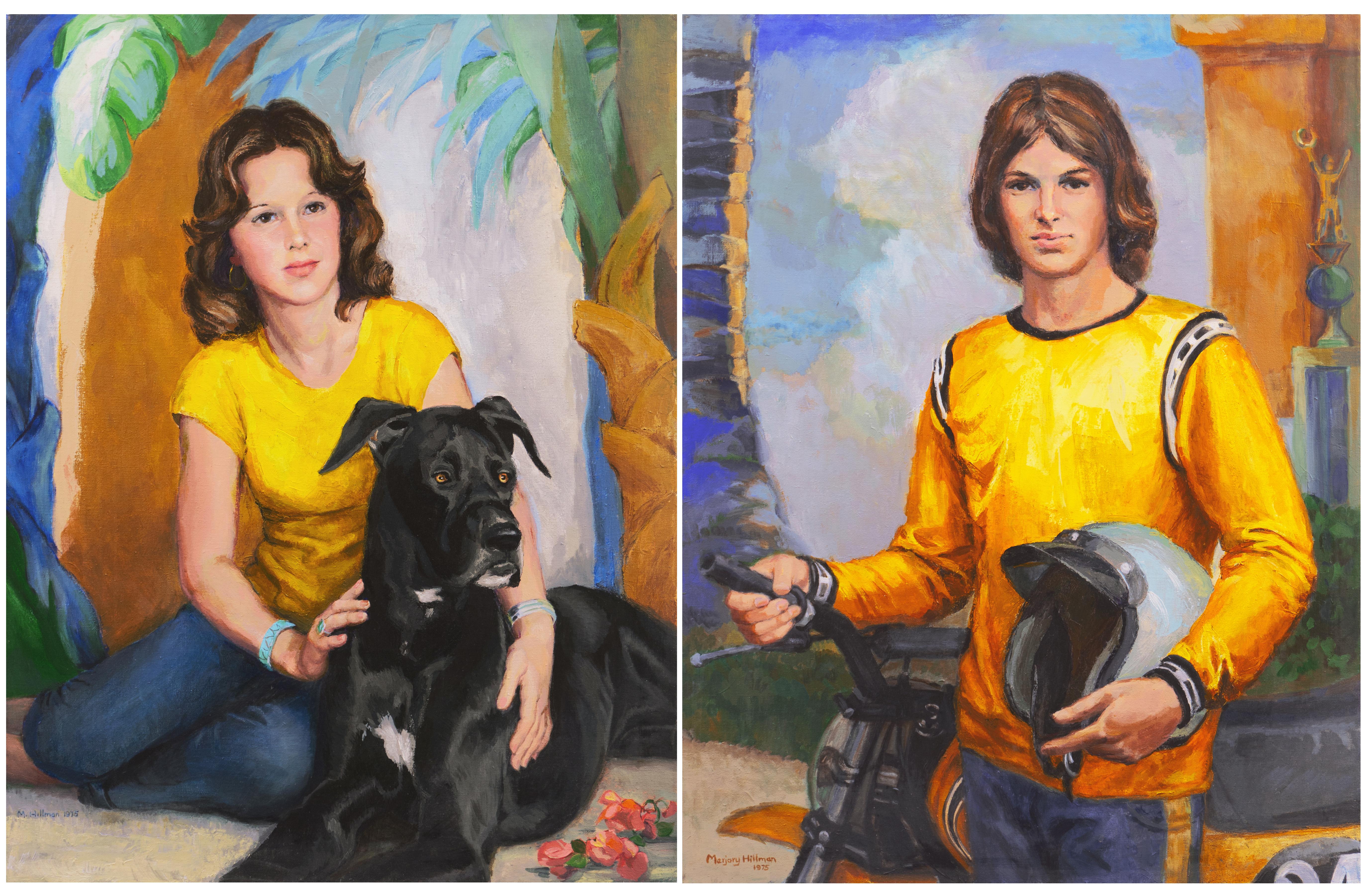 Marjory Hillman Portrait Painting - 'Seventies Siblings', Pair of Oil Portraits, Period 1970's fashion, Great Dane