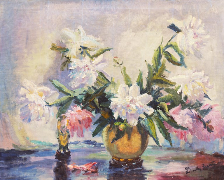 Dorothy Frants Still-Life Painting - 'Pink and White Dog Roses', Large Oil Still Life, Chicago Woman artist