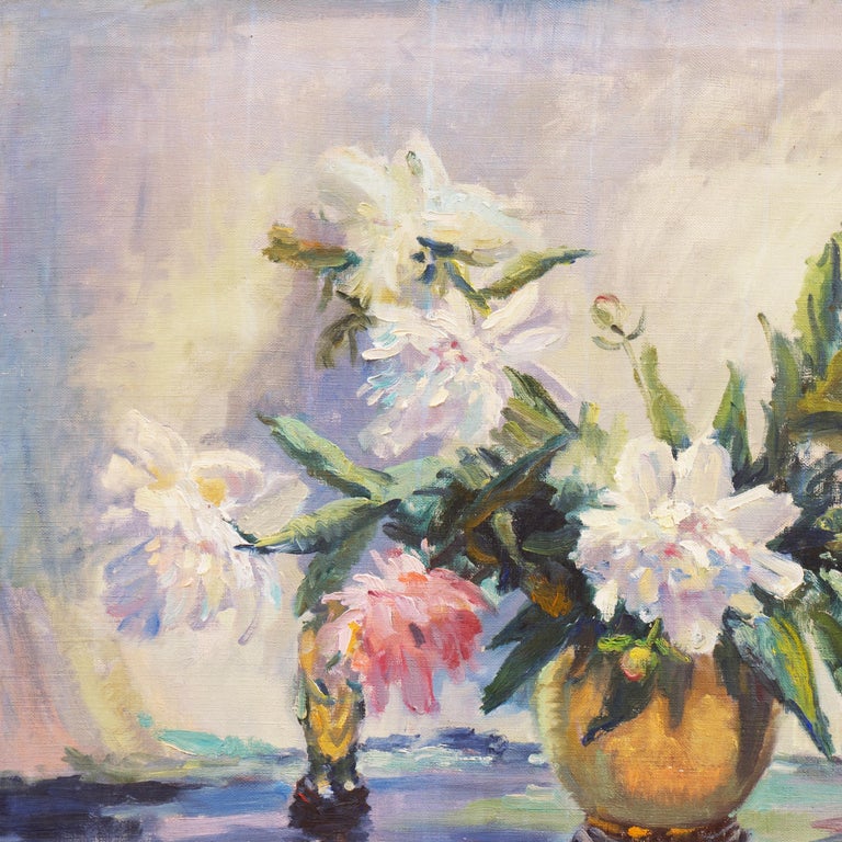'Pink and White Dog Roses', Large Oil Still Life, Chicago Woman artist For Sale 1