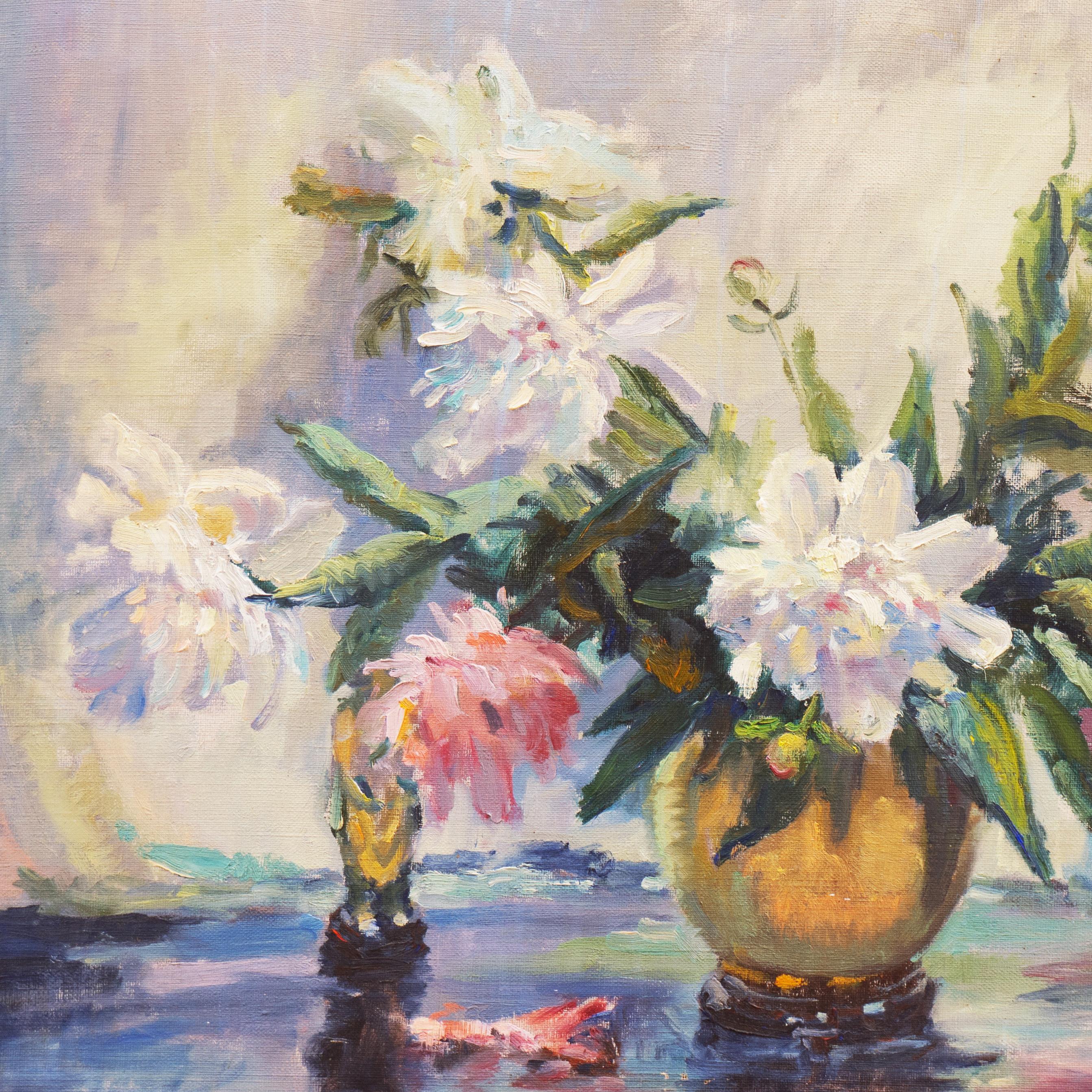 'Pink and White Dog Roses', Large Oil Still Life, Chicago Woman artist - Gray Still-Life Painting by Dorothy Frants