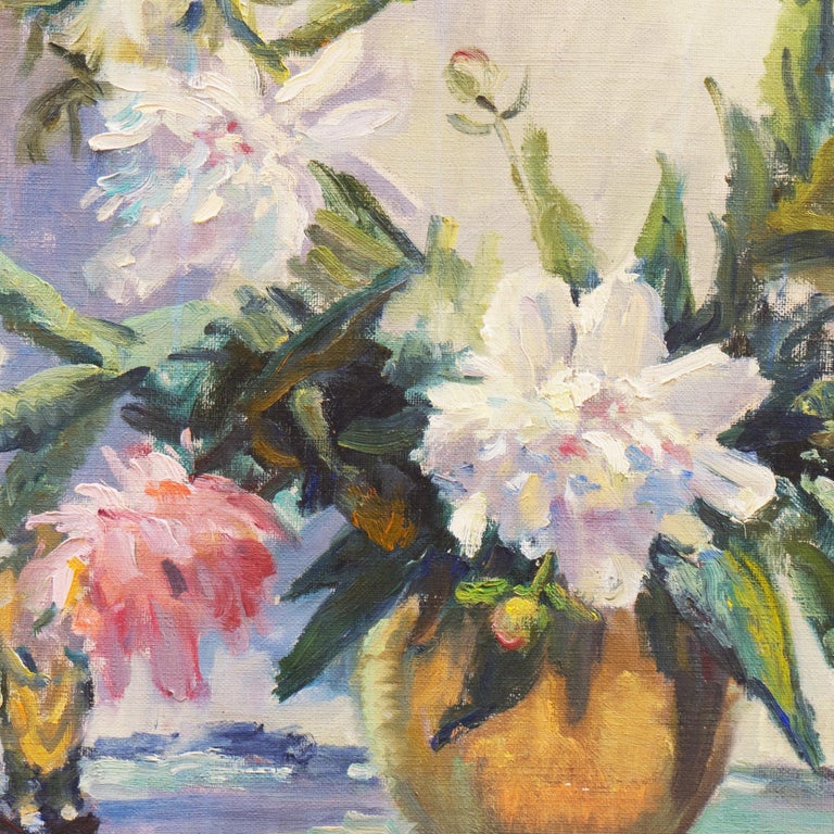 'Pink and White Dog Roses', Large Oil Still Life, Chicago Woman artist For Sale 3