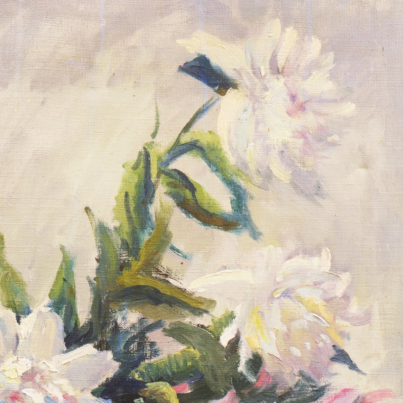 'Pink and White Dog Roses', Large Oil Still Life, Chicago Woman artist For Sale 1