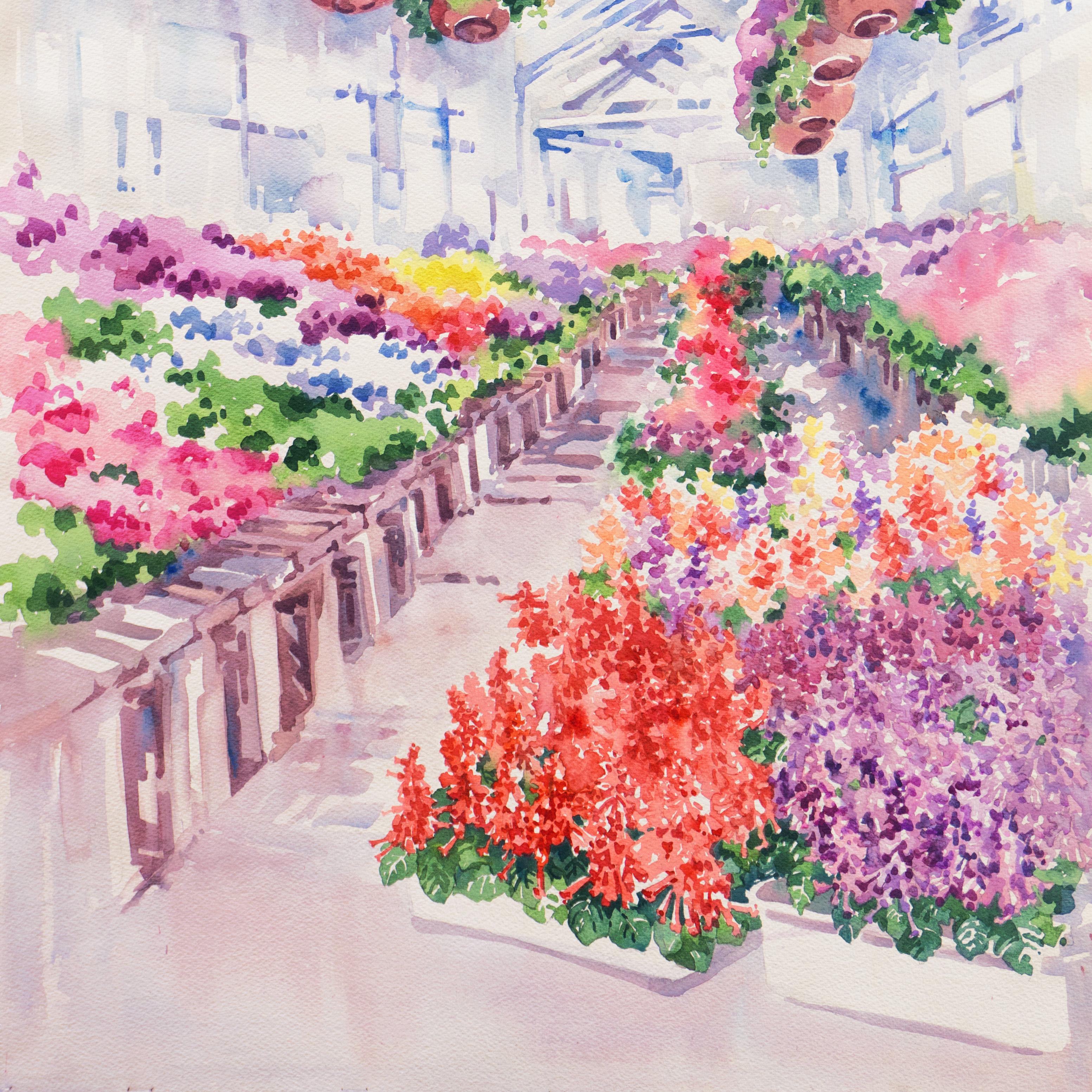 'Greenhouse with Flowers', California Woman Artist, American Watercolor Society - Beige Interior Art by Charlotte Britton