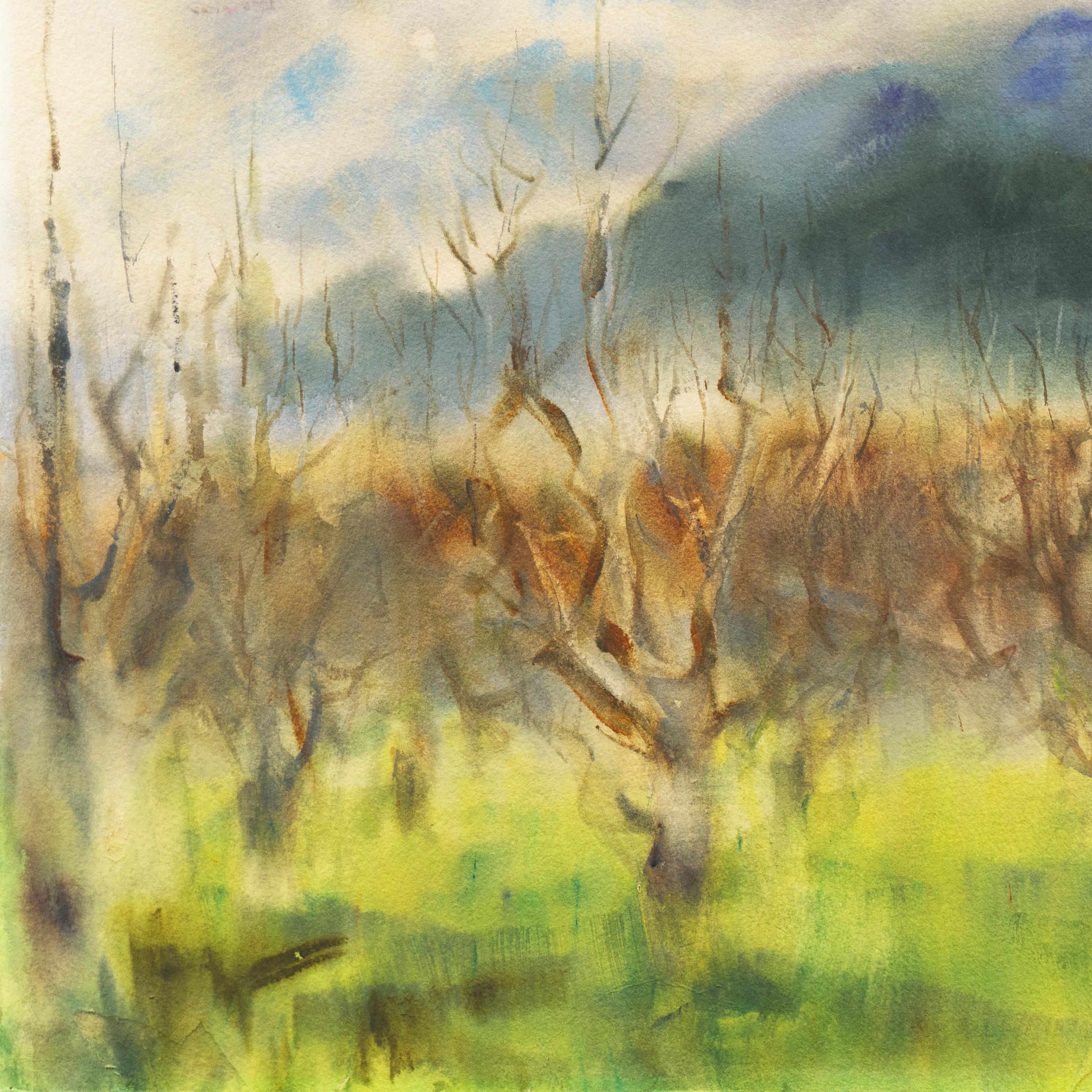 „Grove of Trees in a Misty Landscape“, Frau Künstlerin, American Watercolor Society (Braun), Landscape Art, von Marie McDonnell Roberts